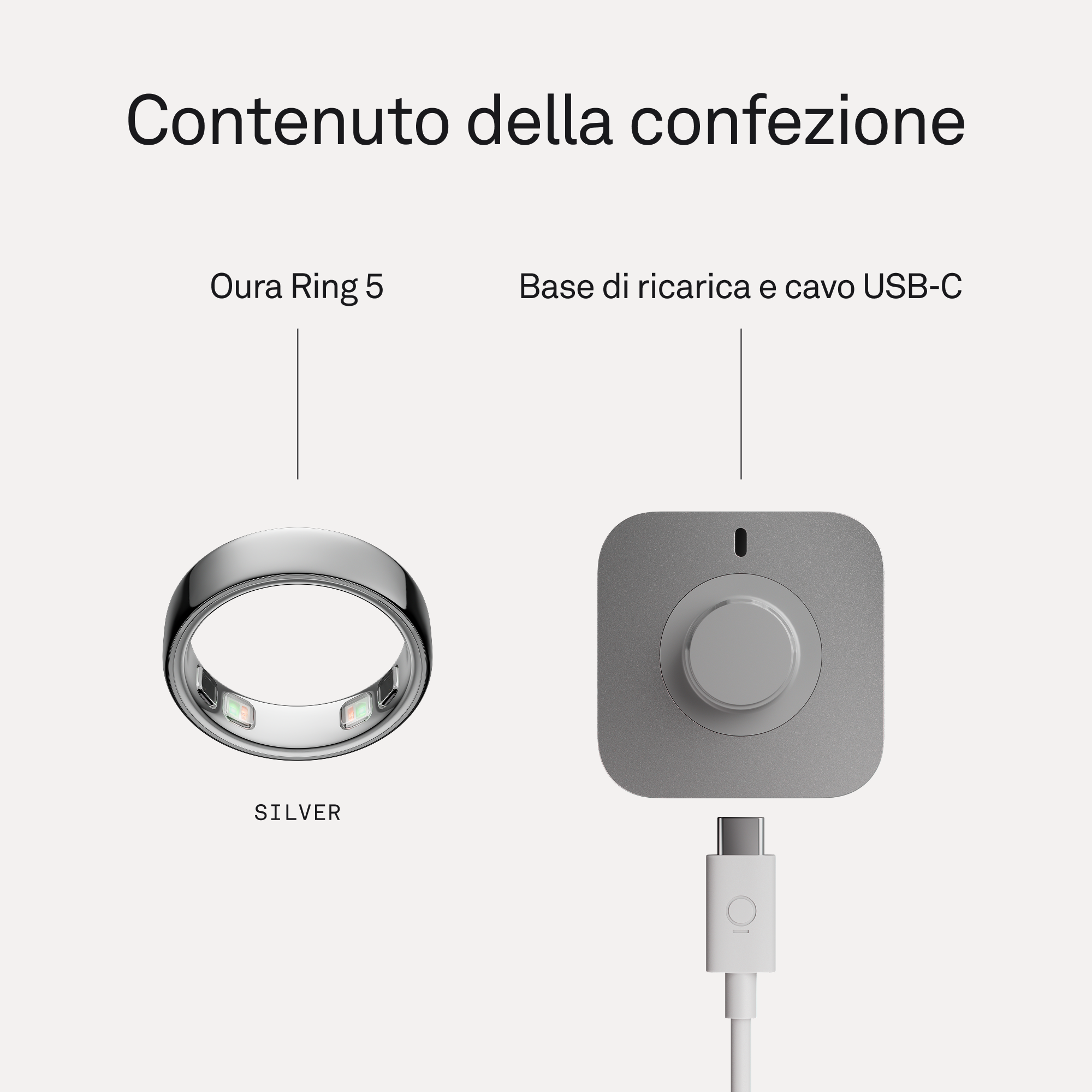 Anello Oura 5 argento e base di ricarica con cavo USB-C.