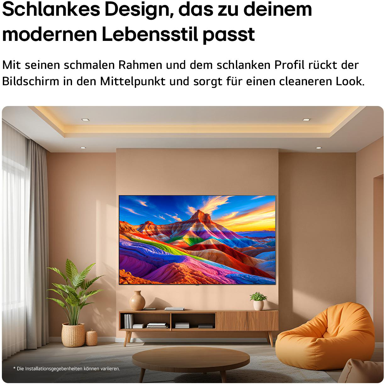 Ein moderner Wohnraum mit einem schlanken Fernseher, der ein farbenfrohes Bild zeigt.