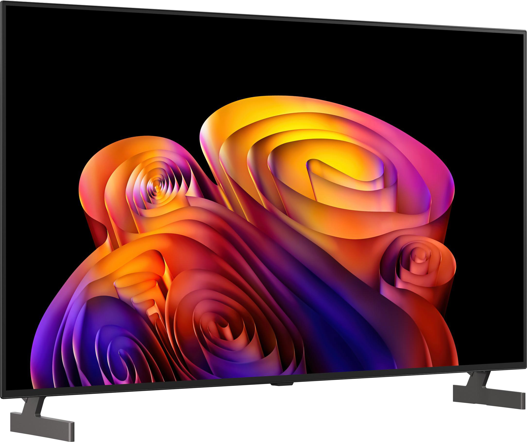 Ein moderner Fernseher mit abstraktem, farbenfrohem Hintergrund auf dem Bildschirm.