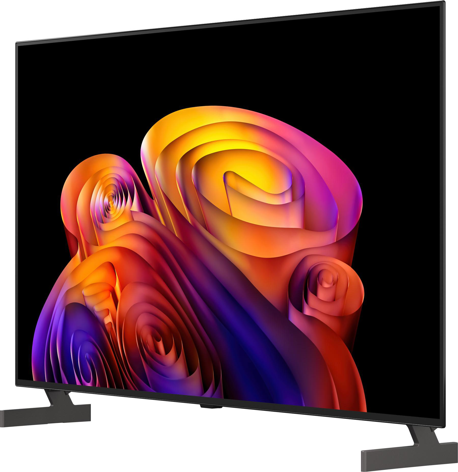 Ein moderner Fernseher zeigt ein abstraktes, wirbelndes Farbmuster in Orange, Gelb und Lila.