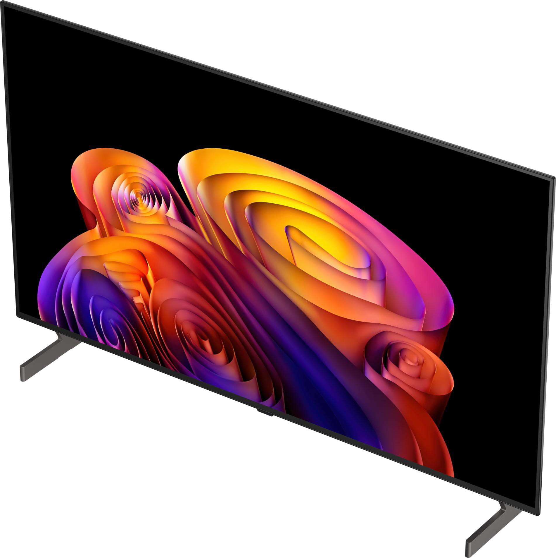 Ein moderner Fernseher mit einem abstrakten, bunten Bild auf dem Bildschirm und einem grauen Ständer.