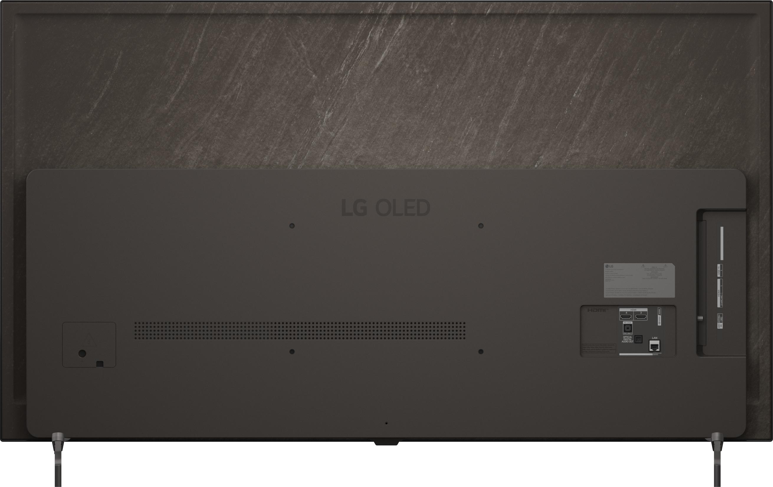 Rückseite eines schwarzen LG OLED Fernsehers mit Anschlüssen und Lüftungsschlitzen.