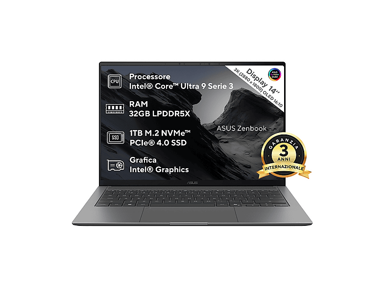ASUS Zenbook S 14 UX5406 NOTEBOOK, '', processore Intel® Core Ultra 9 386H, Intel®, RAM 32 GB, 1000 GB SSD, Grey, Windows 11 Home