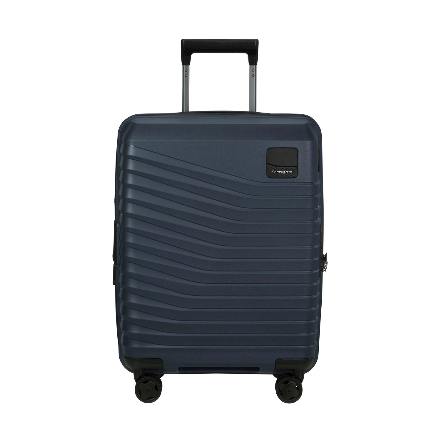 Valigia Samsonite blu scuro con ruote e manico retrattile.