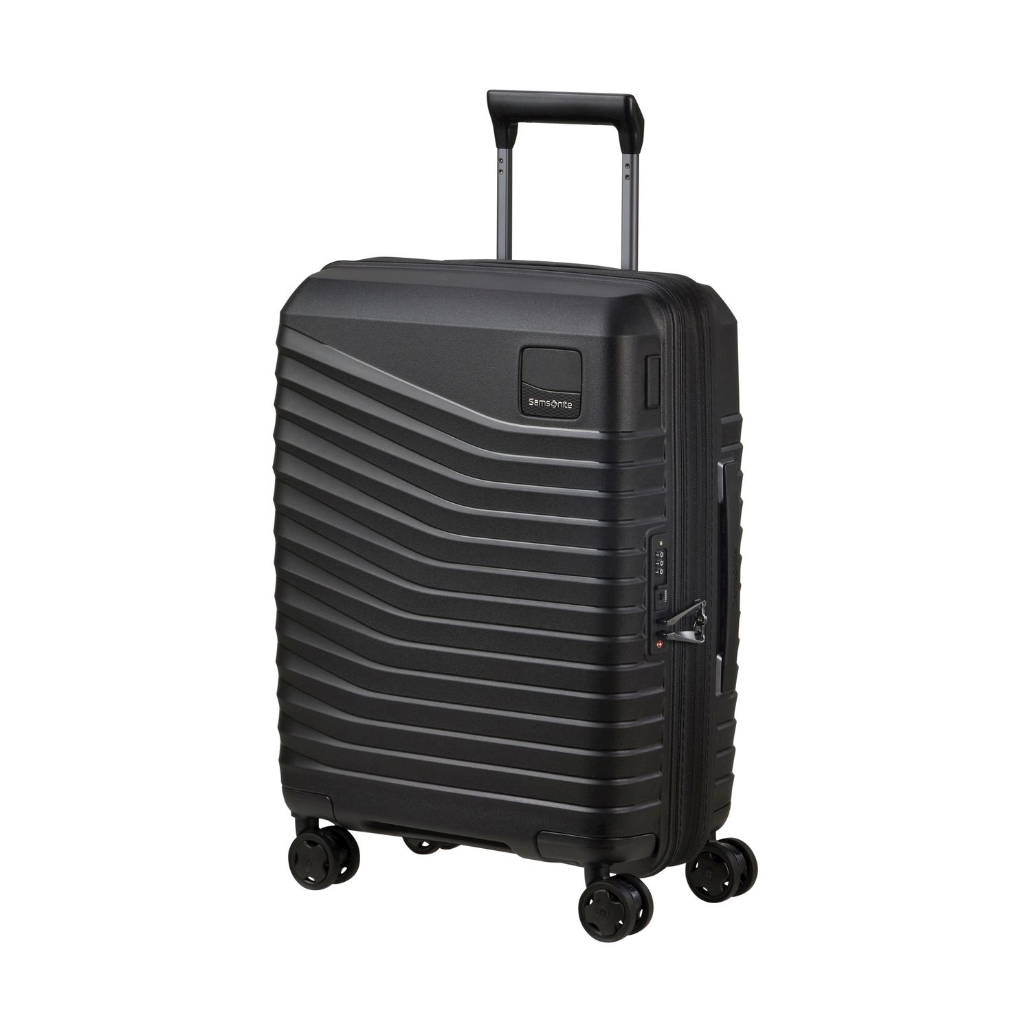 Valigia nera Samsonite con manico telescopico e lucchetto a combinazione.