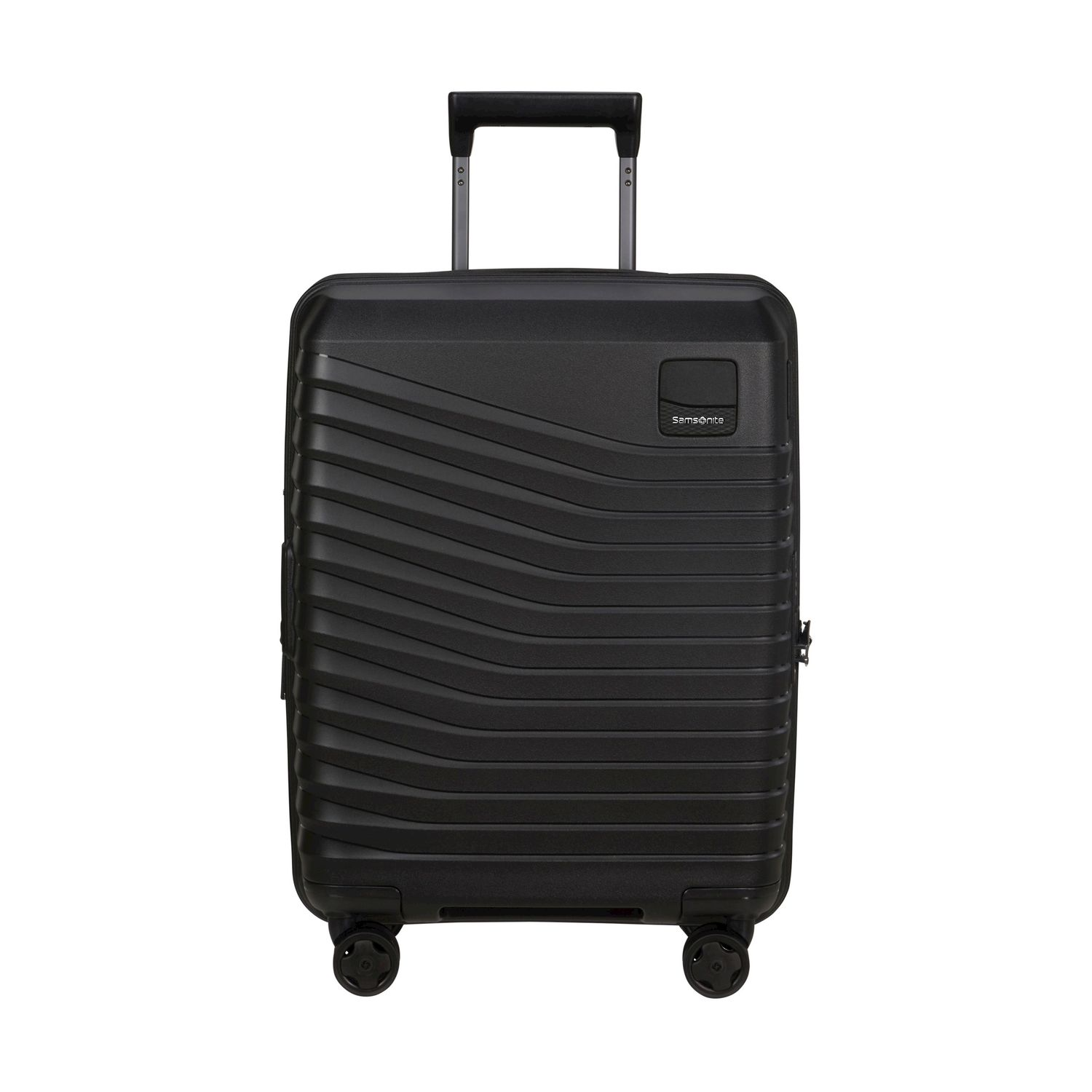 Valigia Samsonite nera con ruote e manico retrattile.