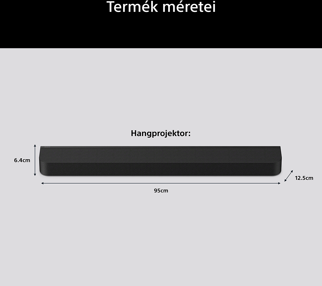 Fekete hangprojektor. Ma x Sz x Mé: 6,4cm x 95cm x 12,5cm.