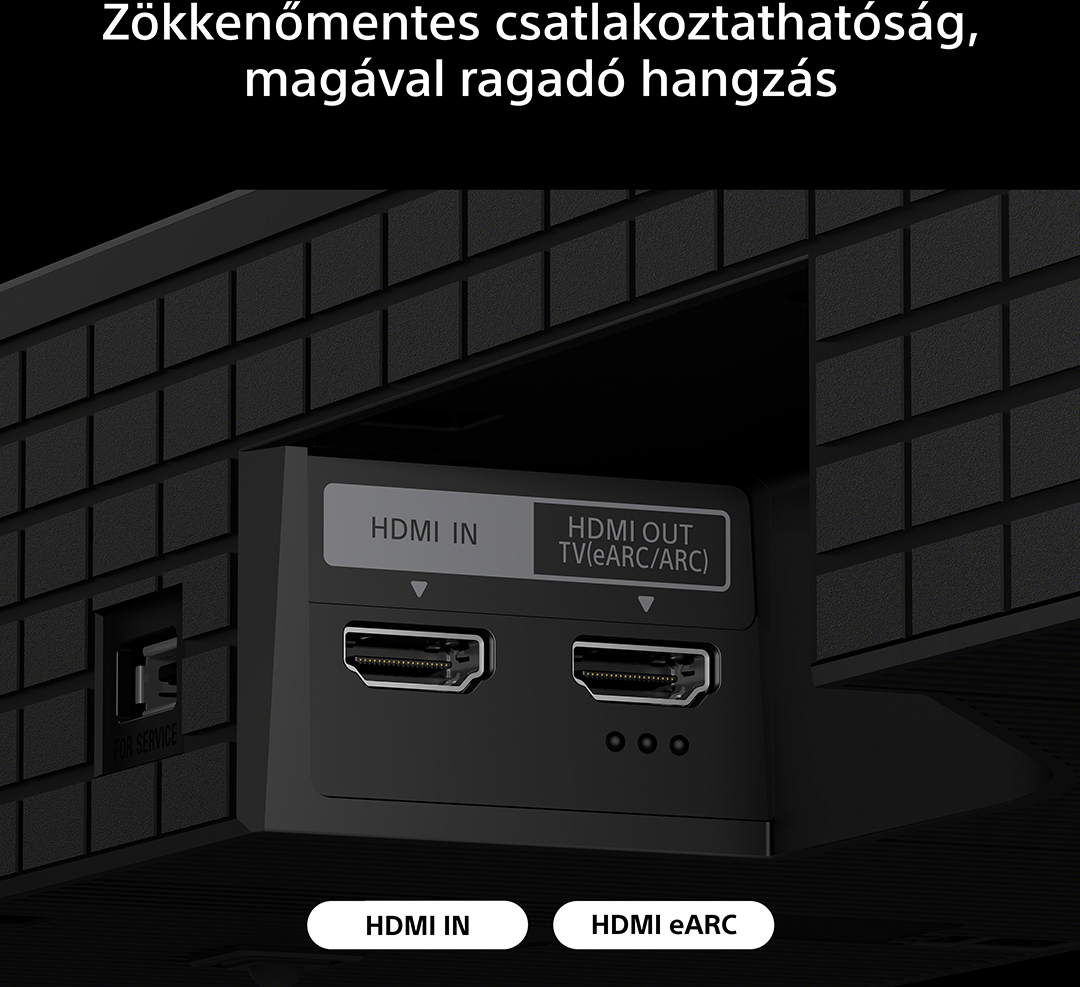 HDMI-portok közeli képe: HDMI IN és HDMI OUT (eARC/ARC).