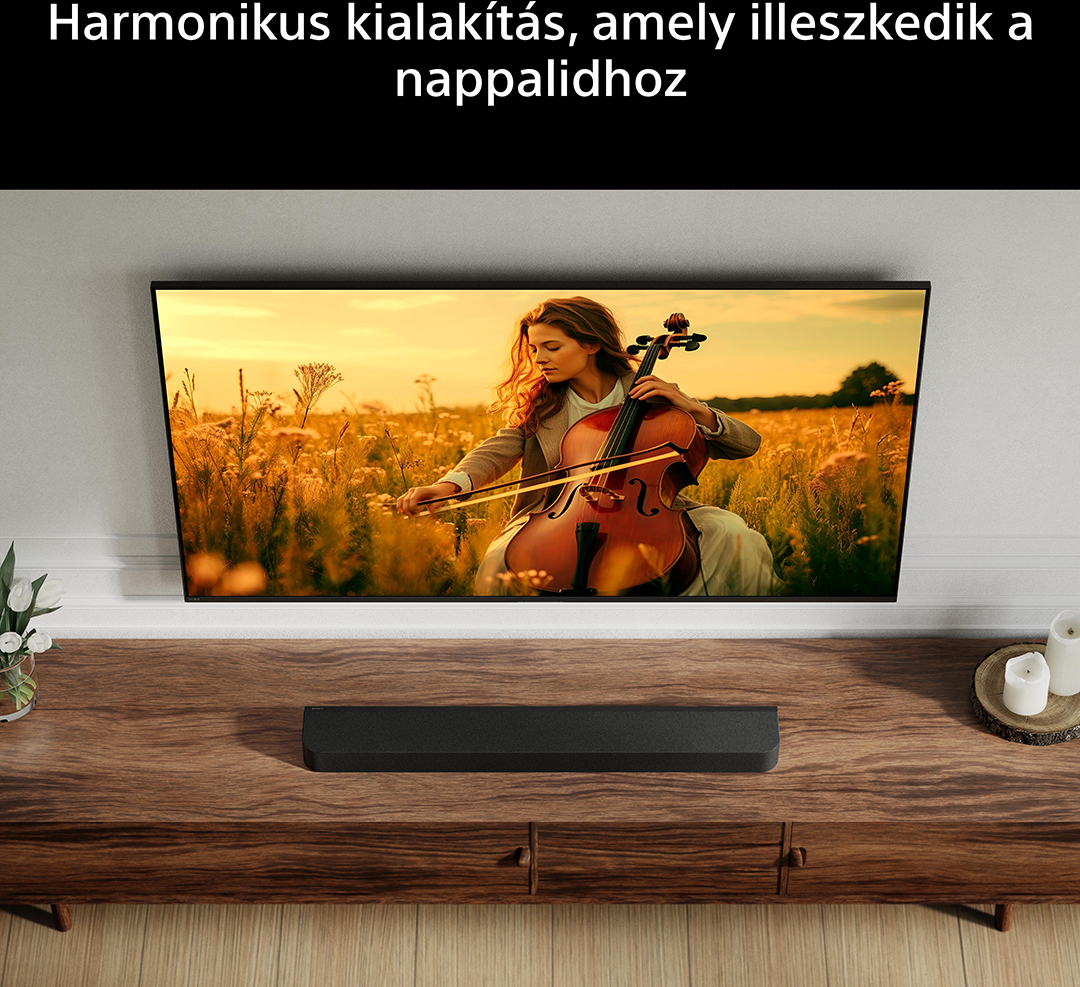 Nő gordonkázik egy mezőn naplementekor a TV képernyőjén.