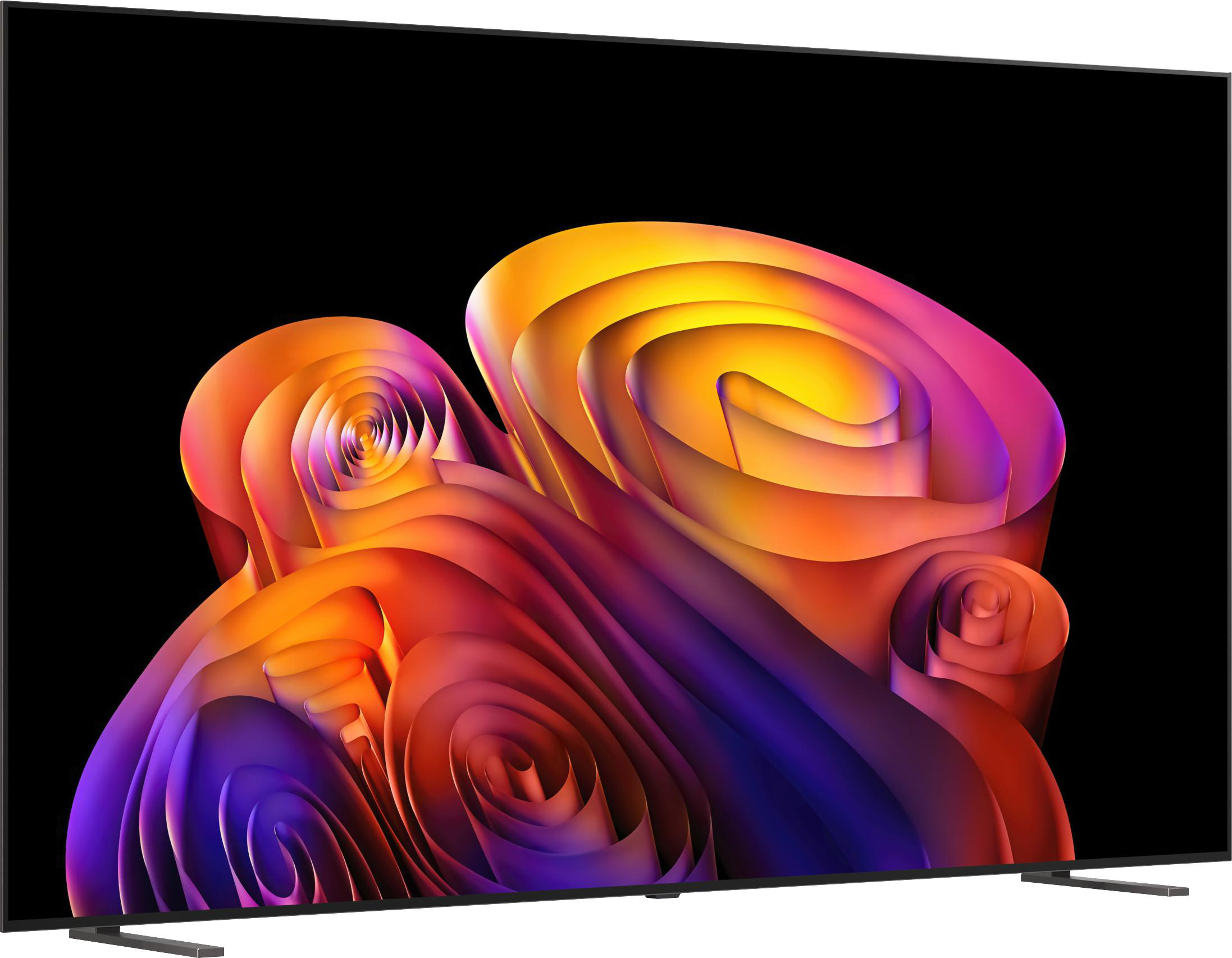 Abstrakte, gerollte Formen in Orange-, Rosa- und Violetttönen auf schwarzem Hintergrund.