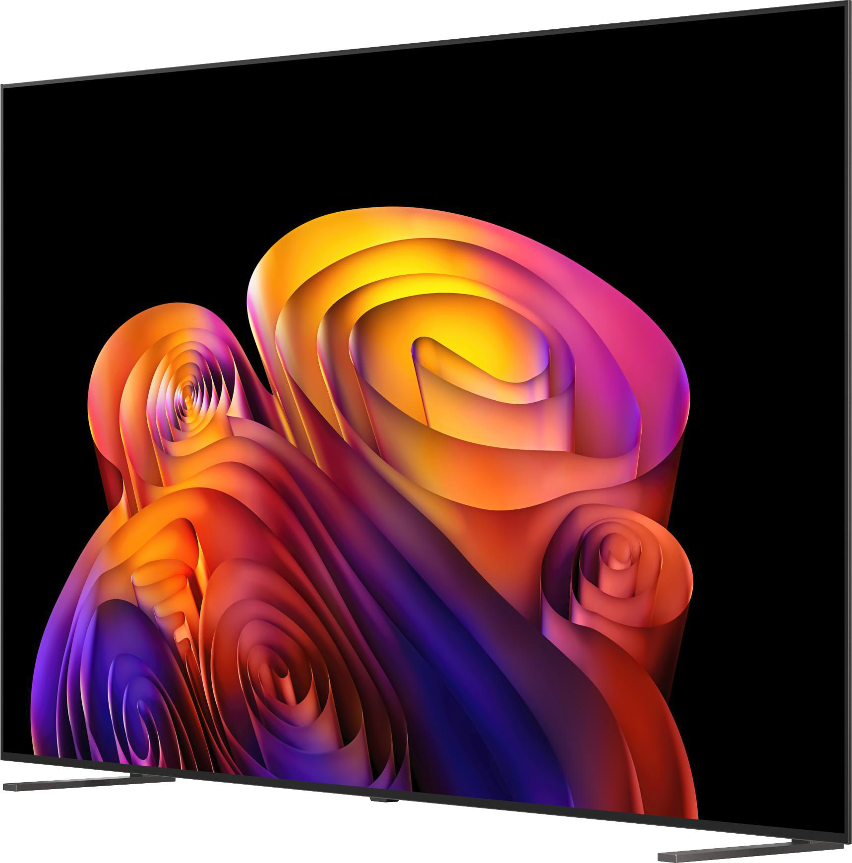 Ein moderner Fernseher zeigt ein abstraktes Muster in Orange-, Rosa- und Violetttönen.