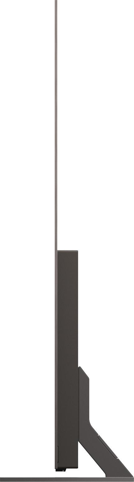 Schwarzer Fernseher im Profil auf weißem Hintergrund mit elegantem Standfuß.