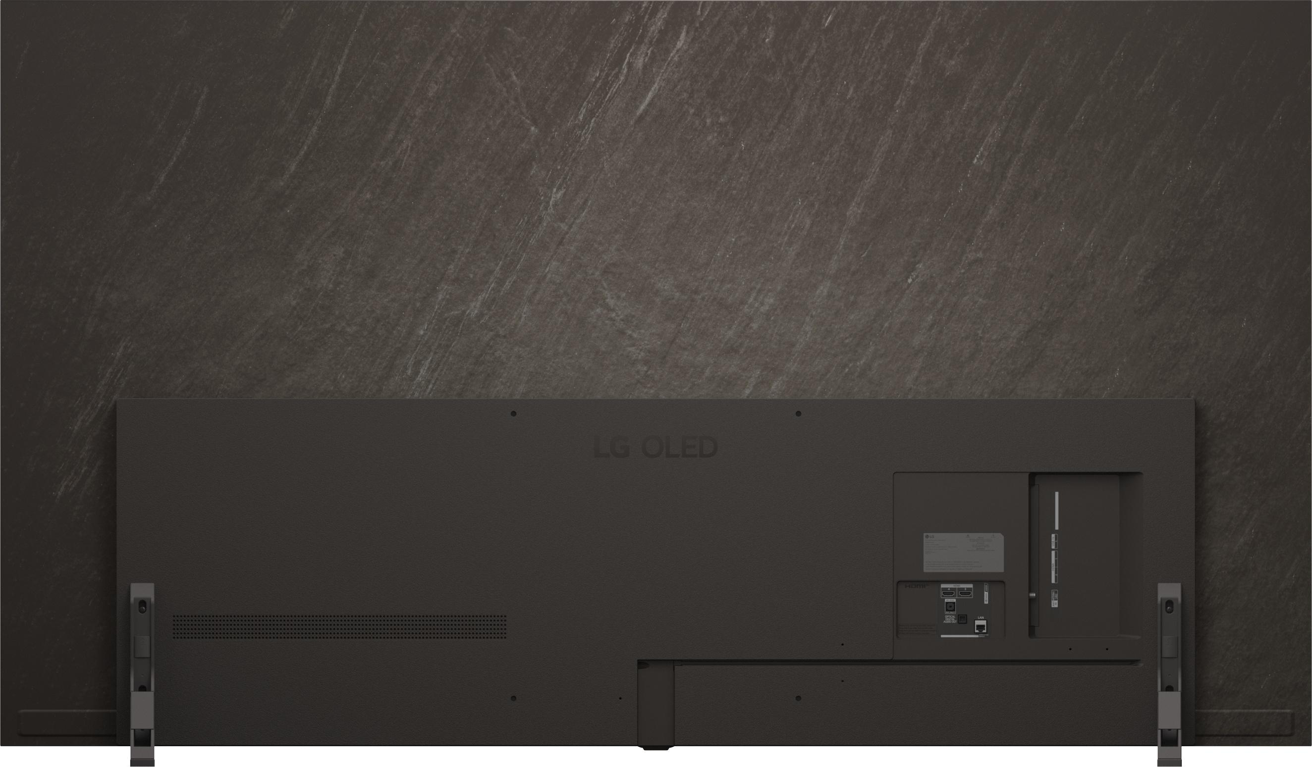 Rückseite eines schwarzen LG OLED Fernsehers mit Anschlüssen und Ständern.