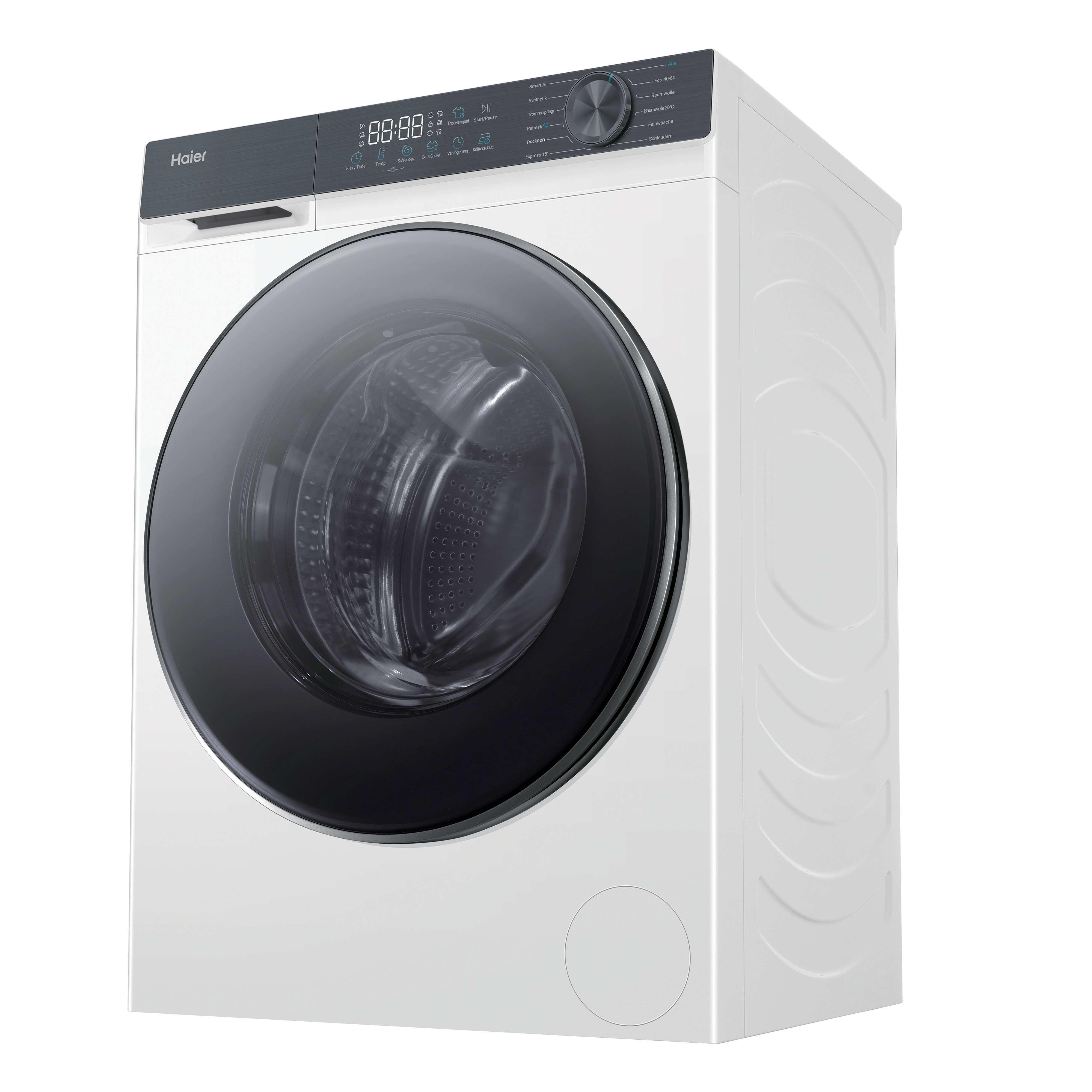 Eine weiße Haier Waschmaschine mit schwarzer Tür und Bedienfeld.