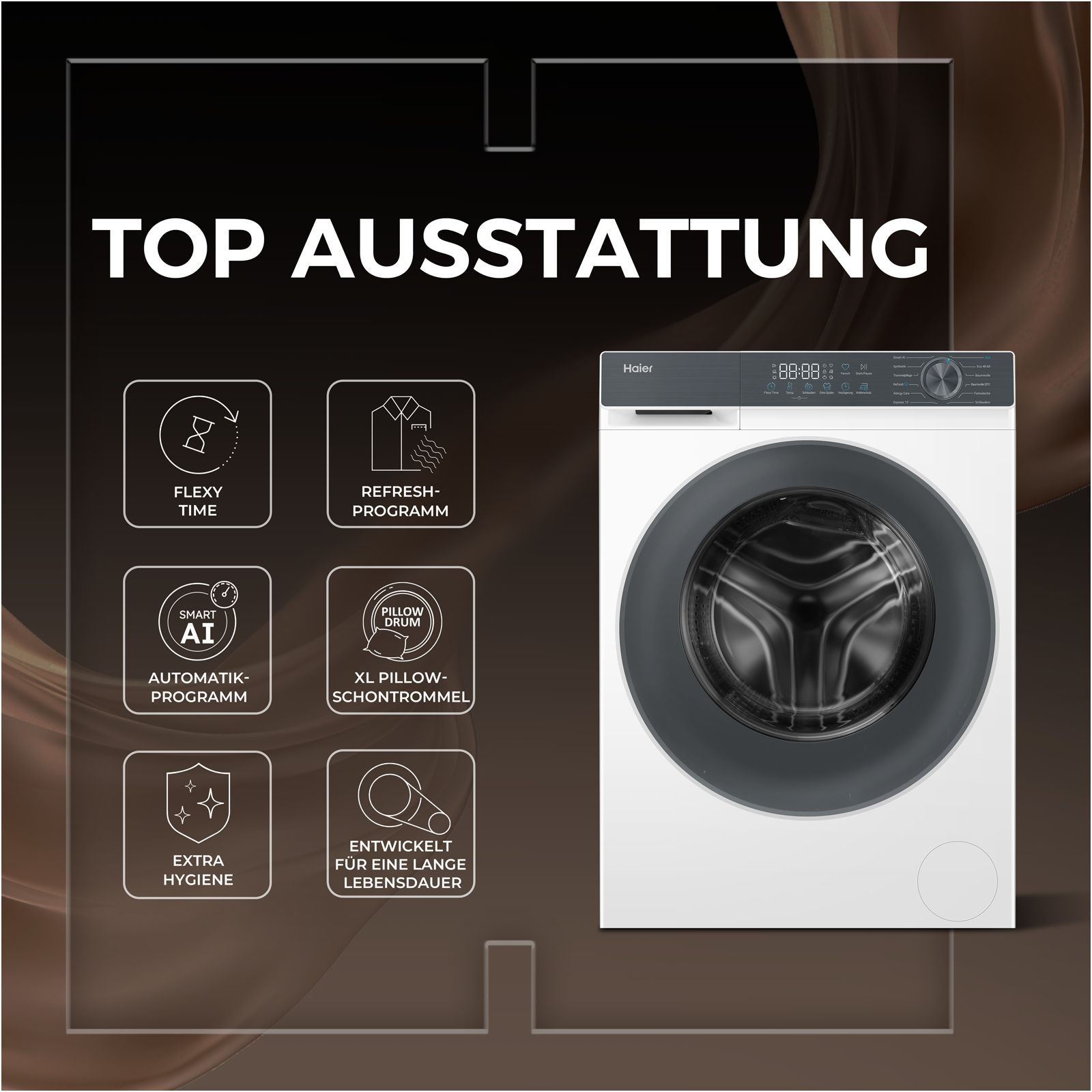 Eine weiße Haier Waschmaschine mit einem Bedienfeld und Symbolen für verschiedene Programme.