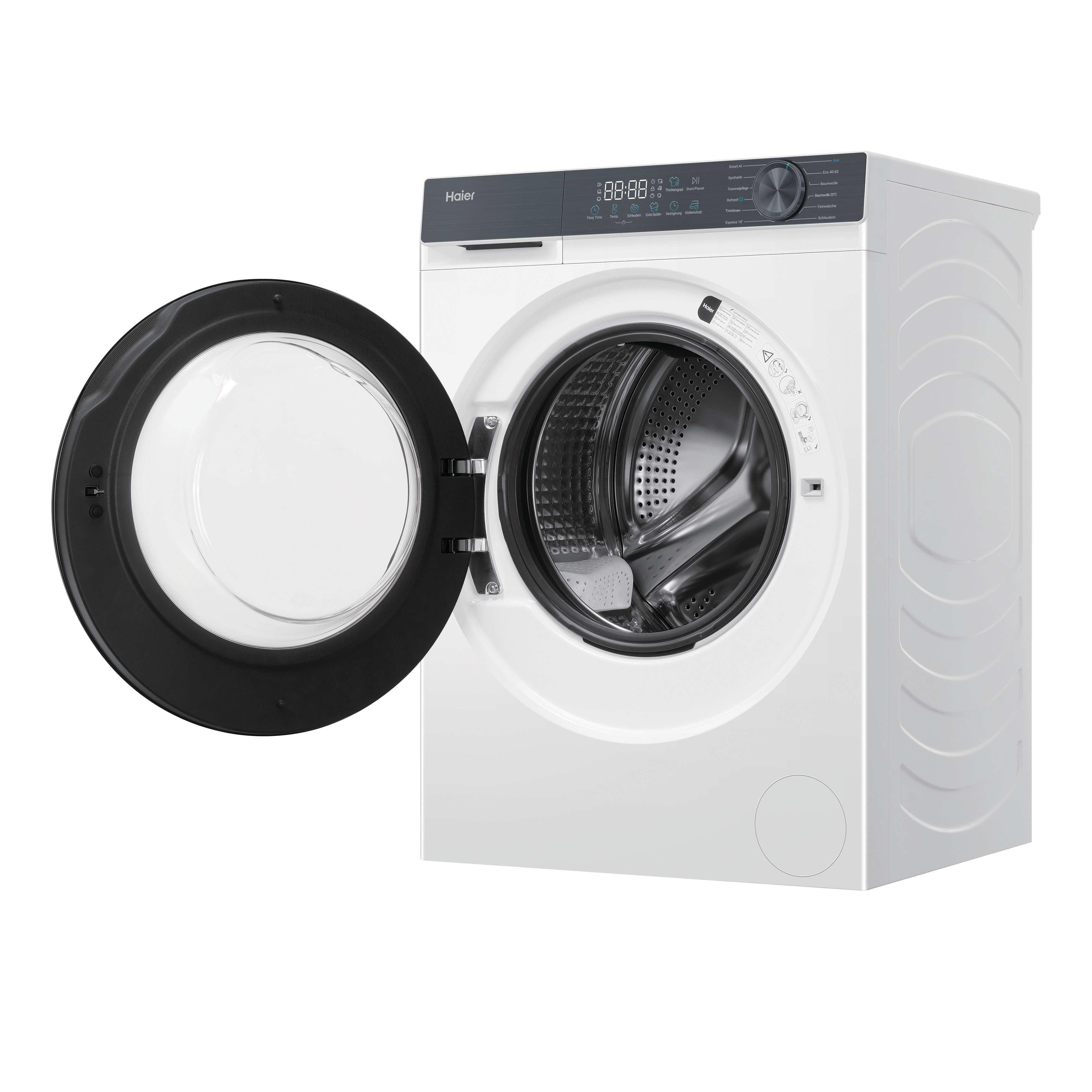 Eine weiße Haier-Waschmaschine mit geöffneter Tür und Display.