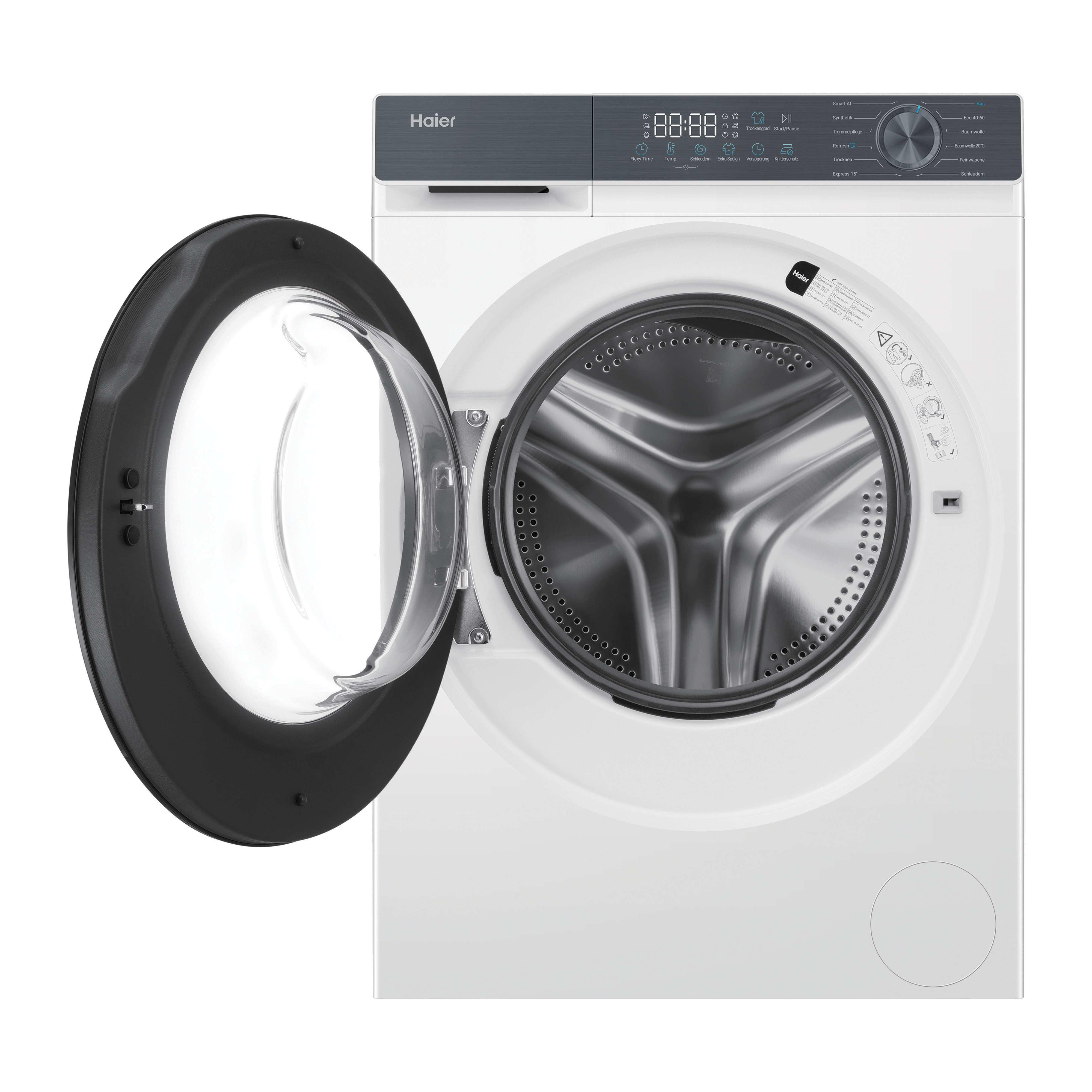 Eine weiße Haier Waschmaschine mit offener Tür, die die Trommel und das Bedienfeld zeigt.
