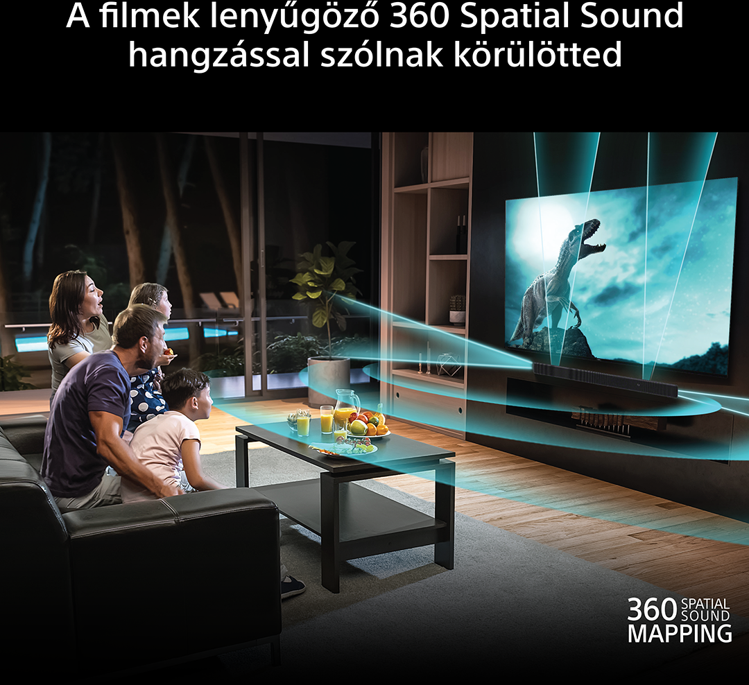 Család dinoszauruszos filmet néz TV-n 360 hanghatásokkal.