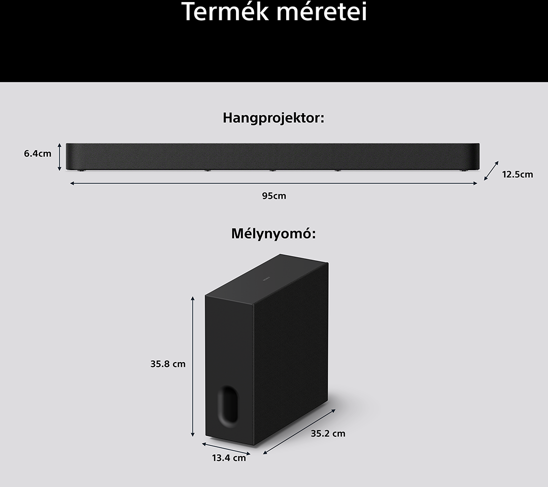 Fekete soundbar (95x6,4x12,5cm) és mélynyomó (35,8x35,2x13,4cm).