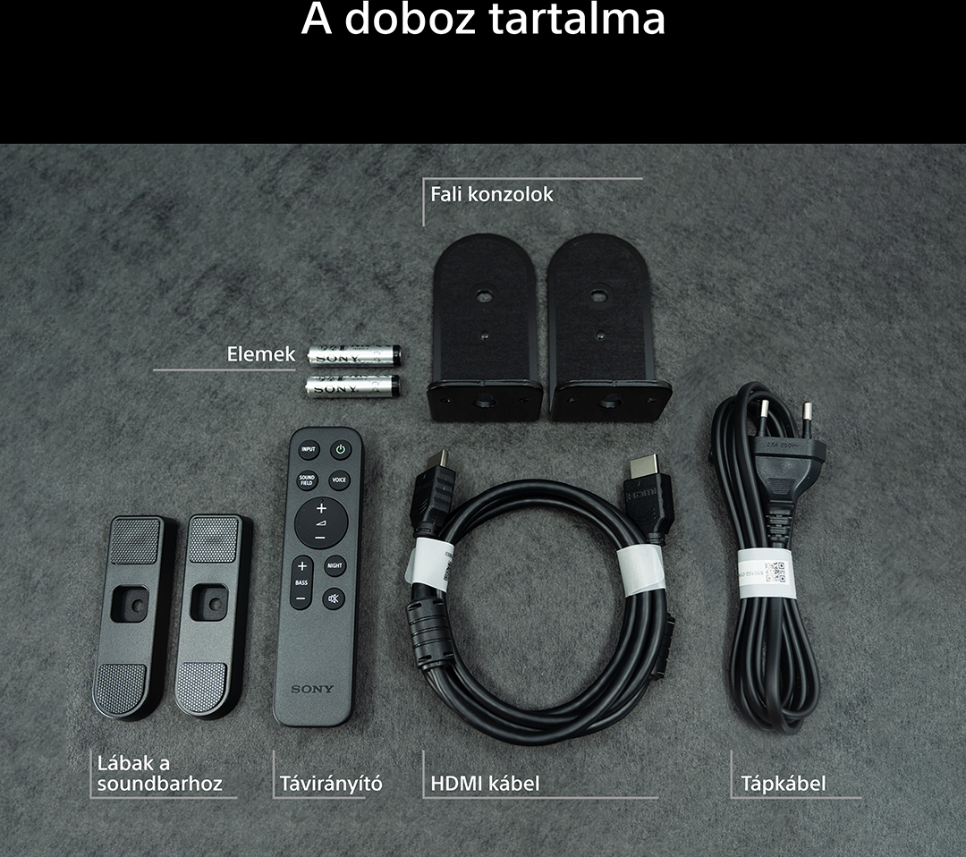 A doboz tartalma: Távirányító, HDMI-kábel, tápkábel, tartók, elemek, lábak.