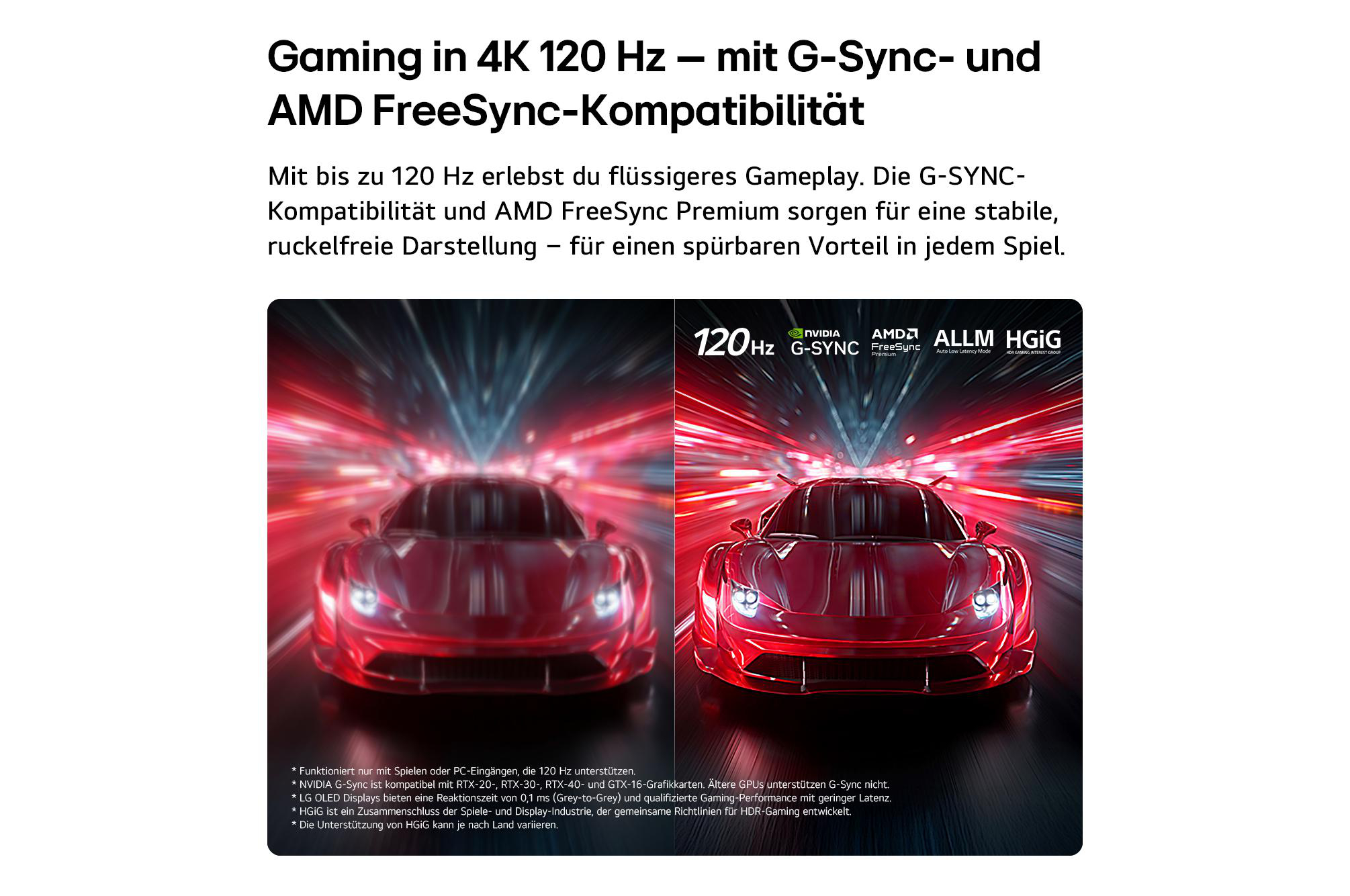 Zwei rote Rennwagen vor einem roten Lichtschleier. Logos für 120Hz, G-Sync, AMD FreeSync, ALLM, HGiG.