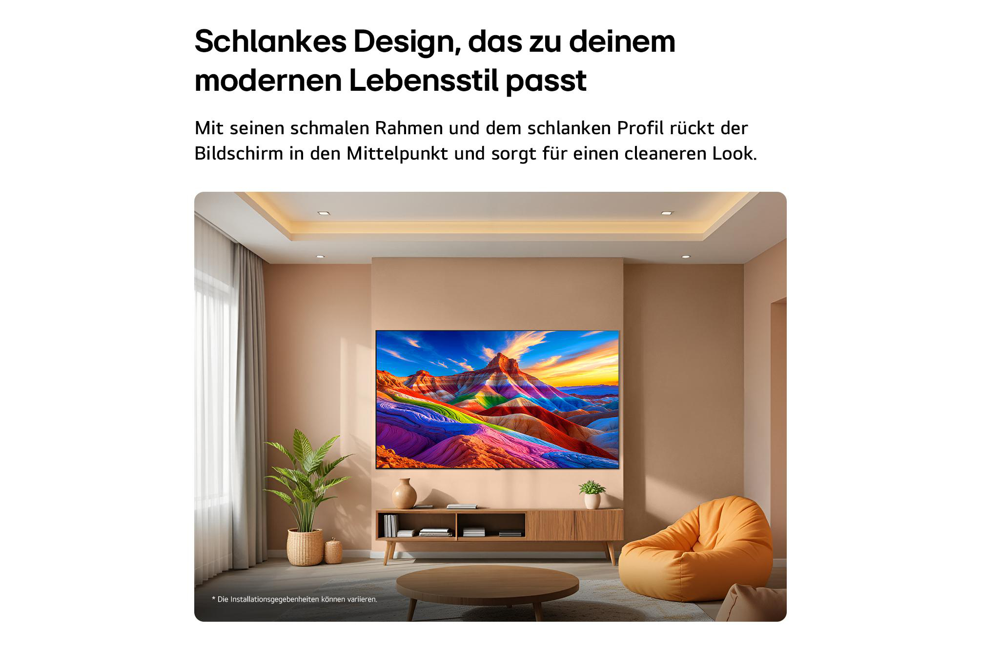 Ein moderner Wohnraum mit einem schlanken Fernseher, der ein farbenfrohes Bild zeigt.