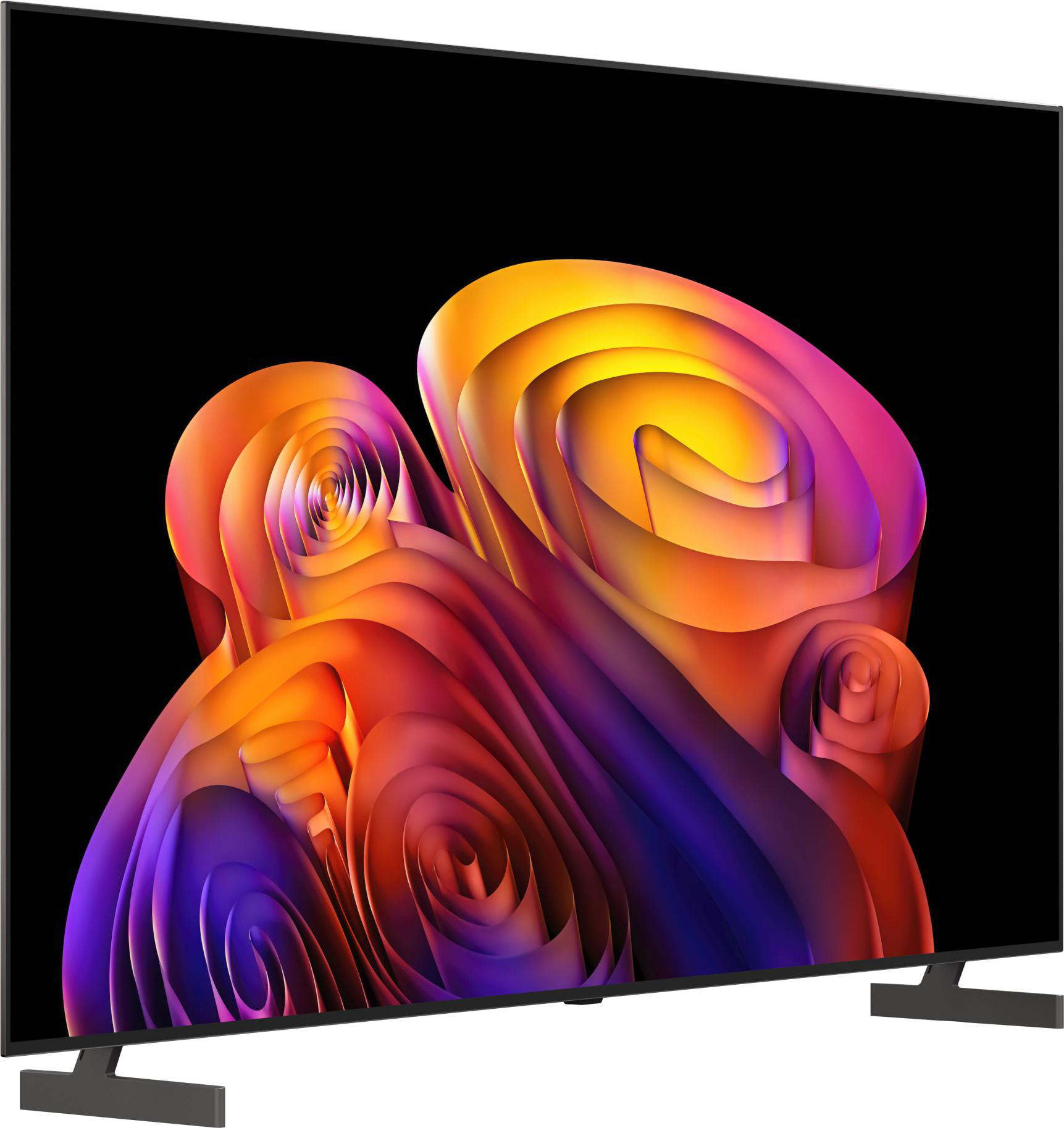 Ein moderner Fernseher zeigt ein lebendiges abstraktes Kunstwerk mit wirbelnden Farben von Orange, Lila und Gelb.
