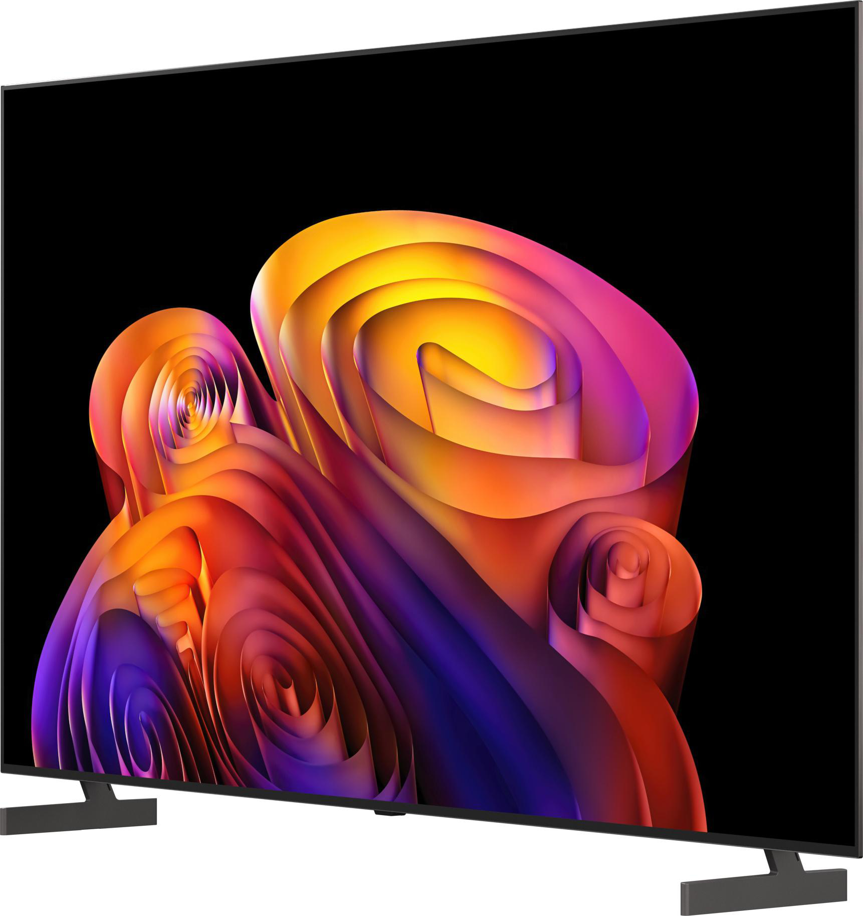 Ein moderner Fernseher zeigt ein abstraktes Muster in Orange-, Violett- und Gelbtönen.