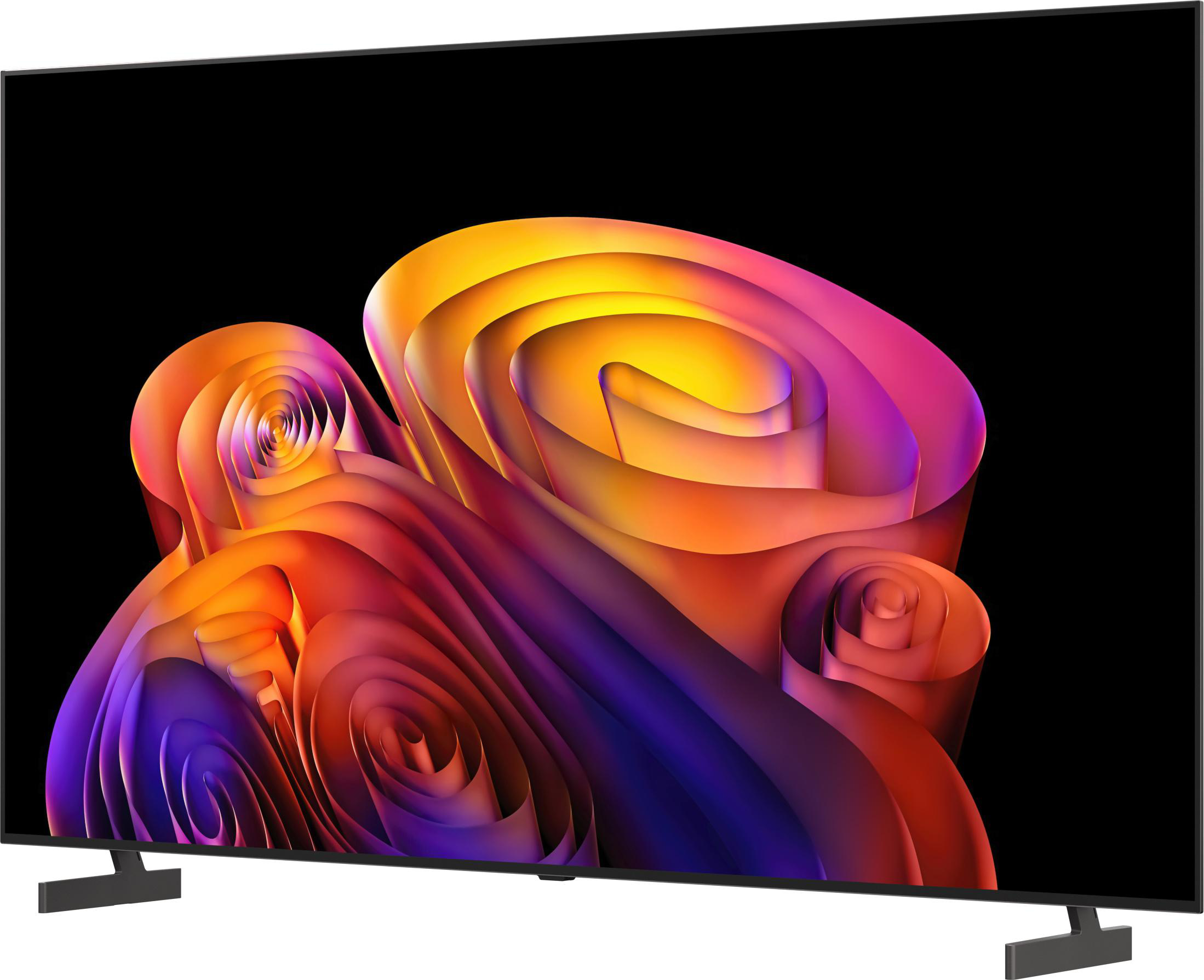 Ein moderner Fernseher zeigt ein abstraktes, wirbelndes Muster in Orange-, Gelb- und Violetttönen.