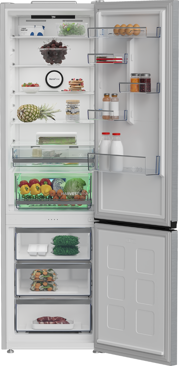 Refrigerador abierto con comida: yogur, cerezas, huevos, piña, verduras, carne.