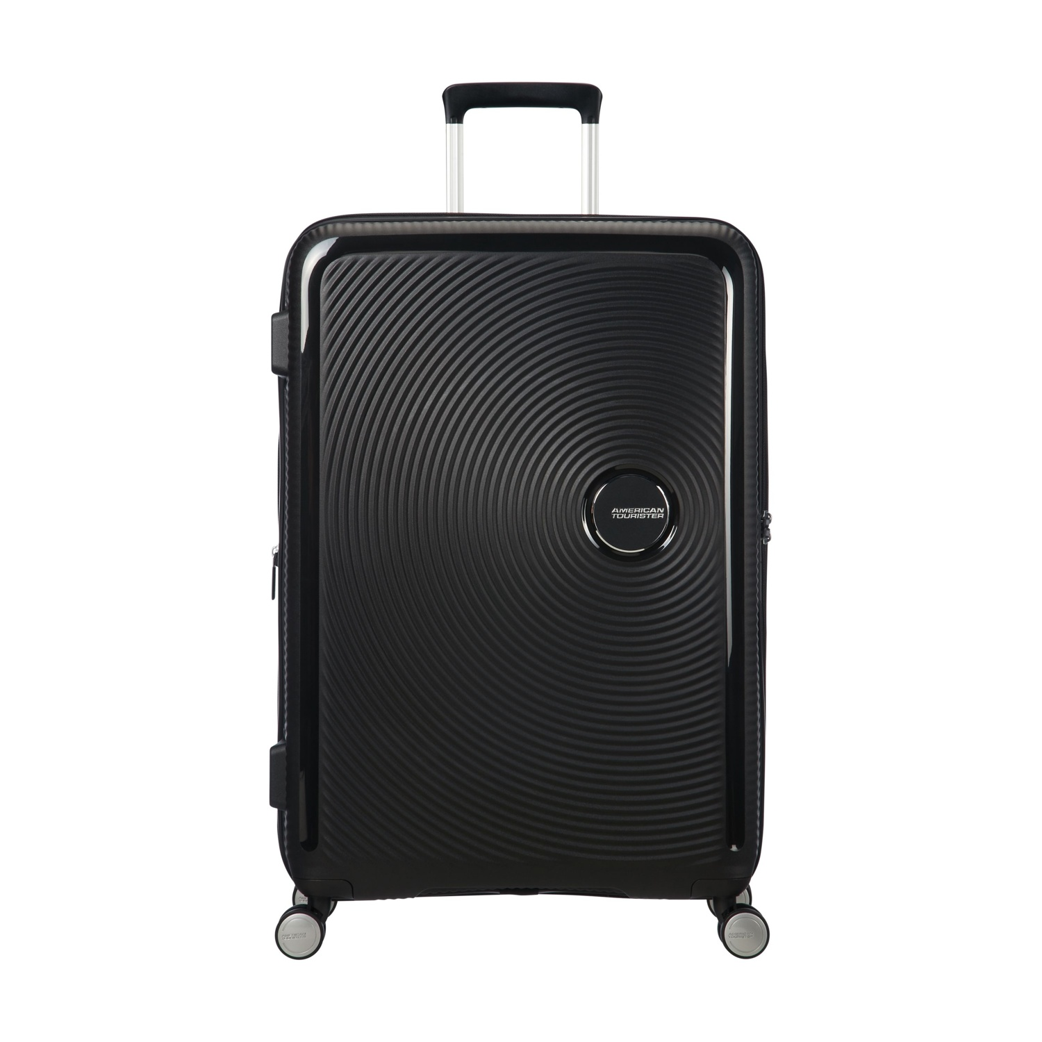 Valigia spinner nera con manico argentato e motivo a spirale. Logo American Tourister.