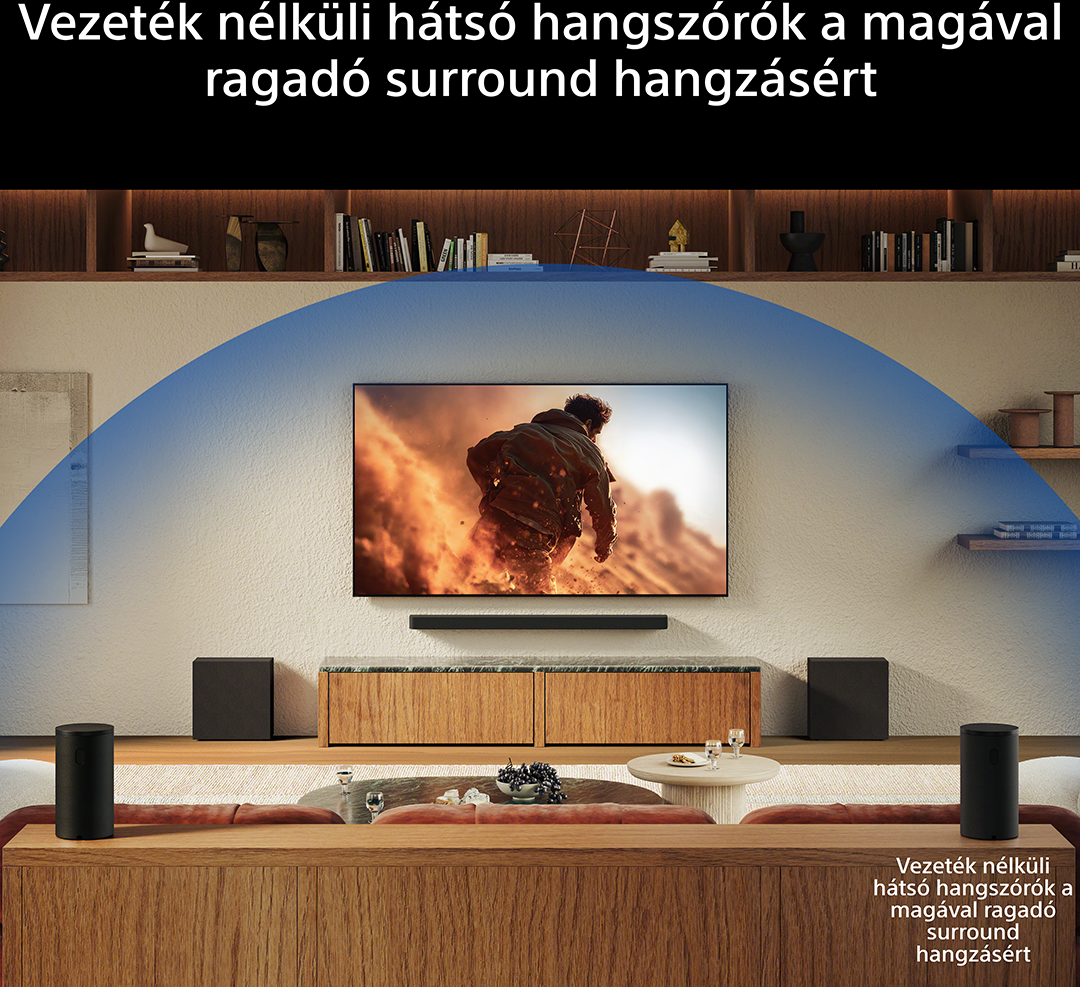 Nappali TV-vel, hangprojektorral, két mélynyomóval és két hangszóróval.