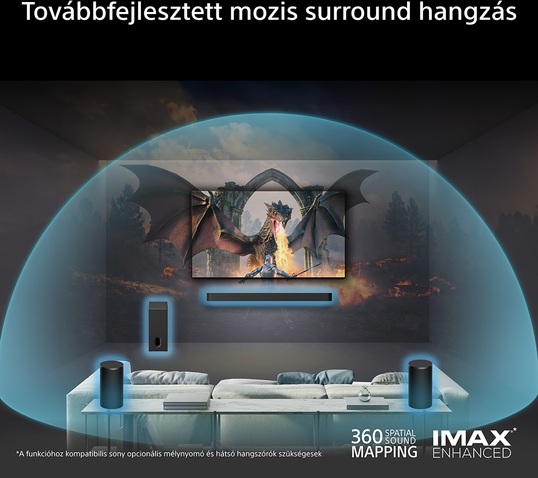 Egy nappali TV-vel, amely sárkányt mutat. Látványosak a térhatású hangszórók.