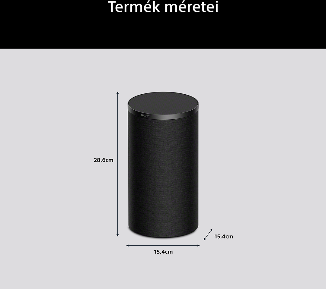 Fekete henger alakú hangszóró Sony logóval, 28,6 cm magas, 15,4 cm széles.