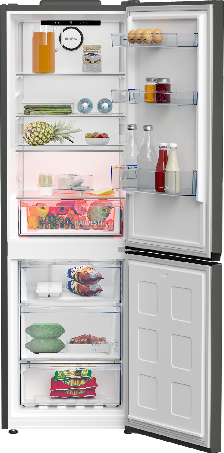 Refrigerador abierto con frutas, verduras, huevos y bebidas.