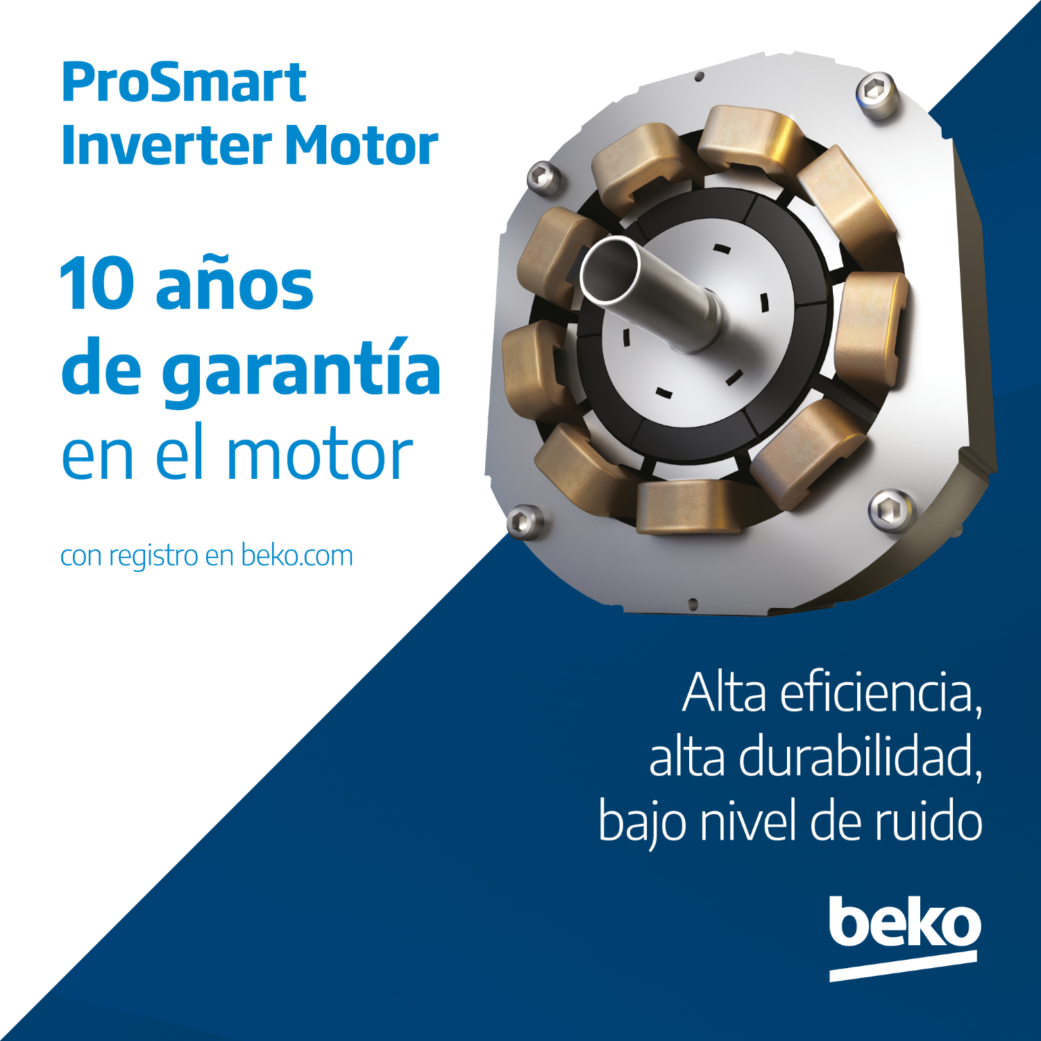 Motor Inverter ProSmart: 10 años garantía, alta eficiencia, durabilidad, bajo ruido.