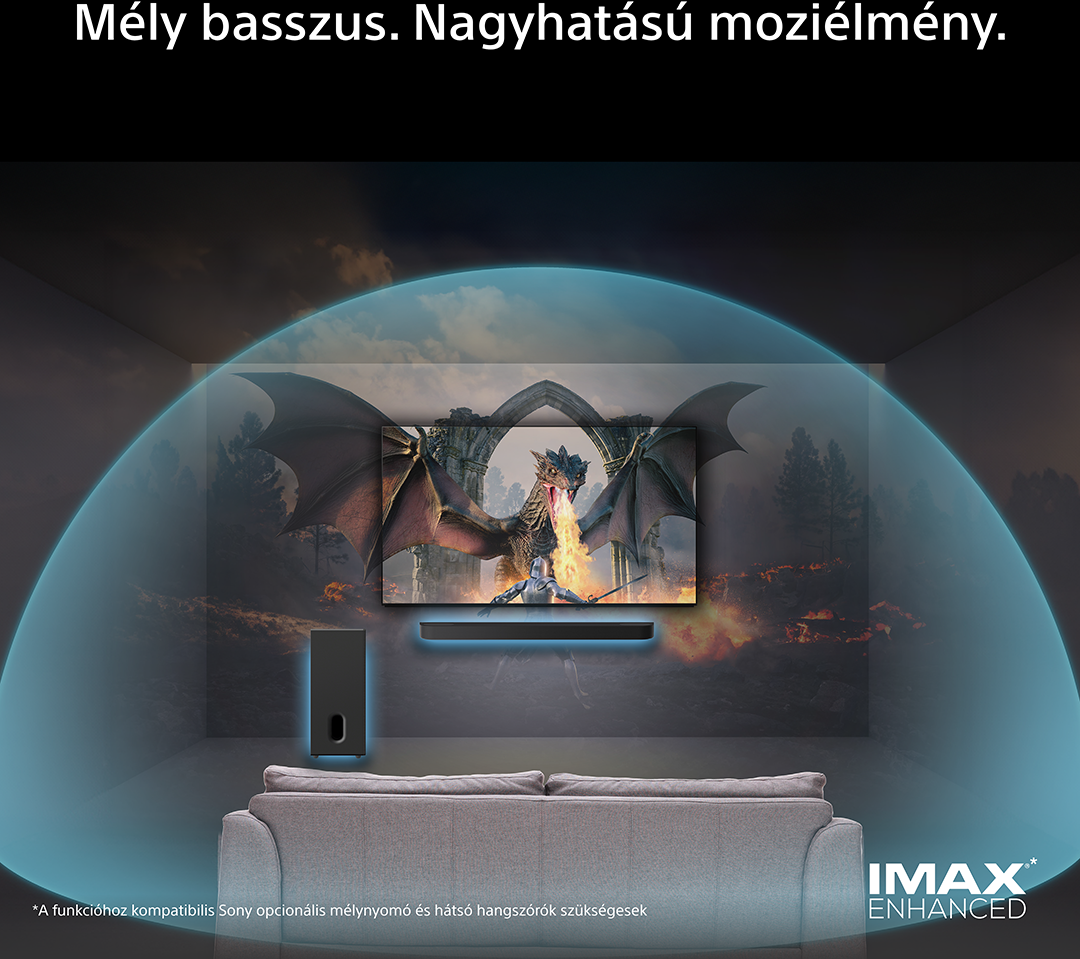 Egy nappali TV-vel, amely sárkányt mutat, és hangrendszerrel.