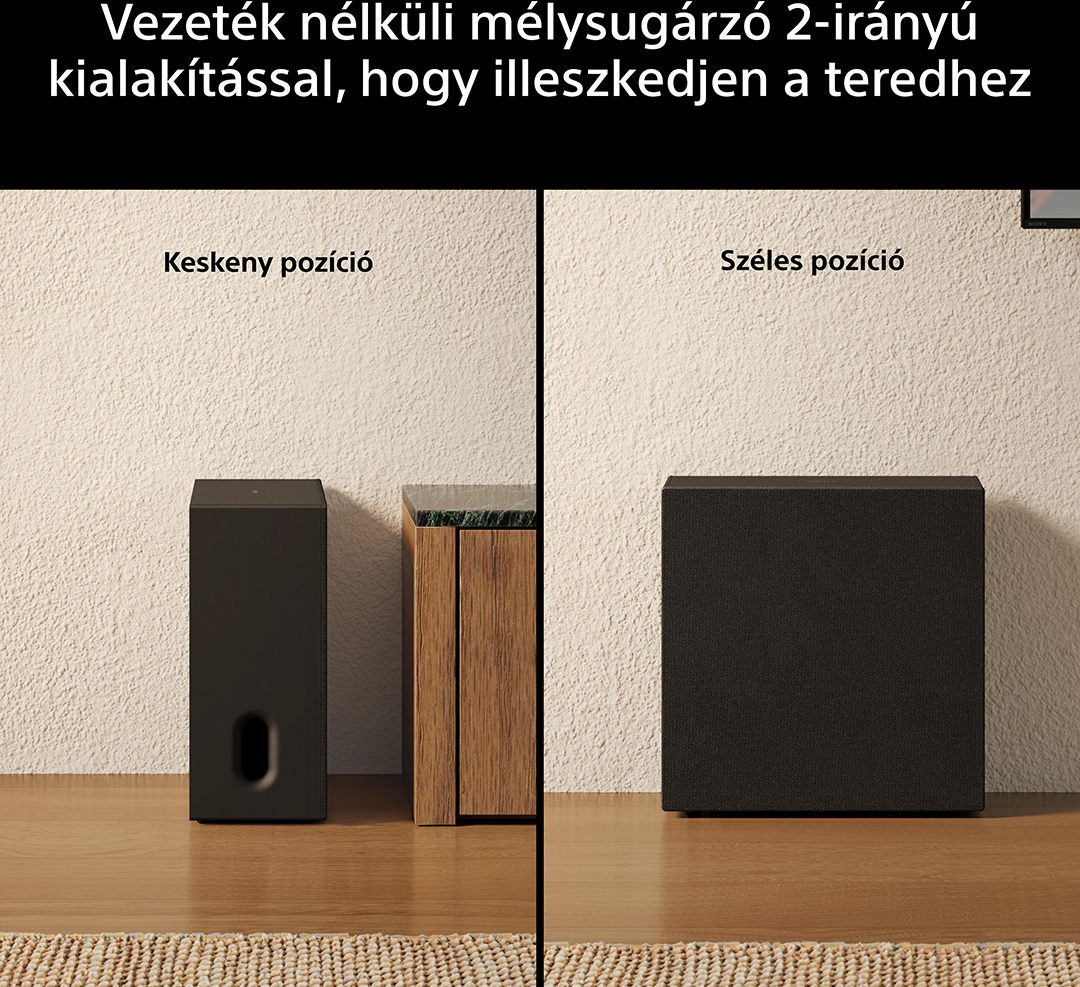 Fekete hangszórók keskeny és széles pozícióban fal előtt.