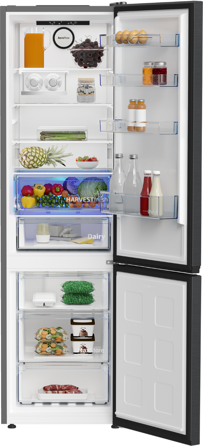 Un refrigerador abierto lleno de comida en varios estantes.
