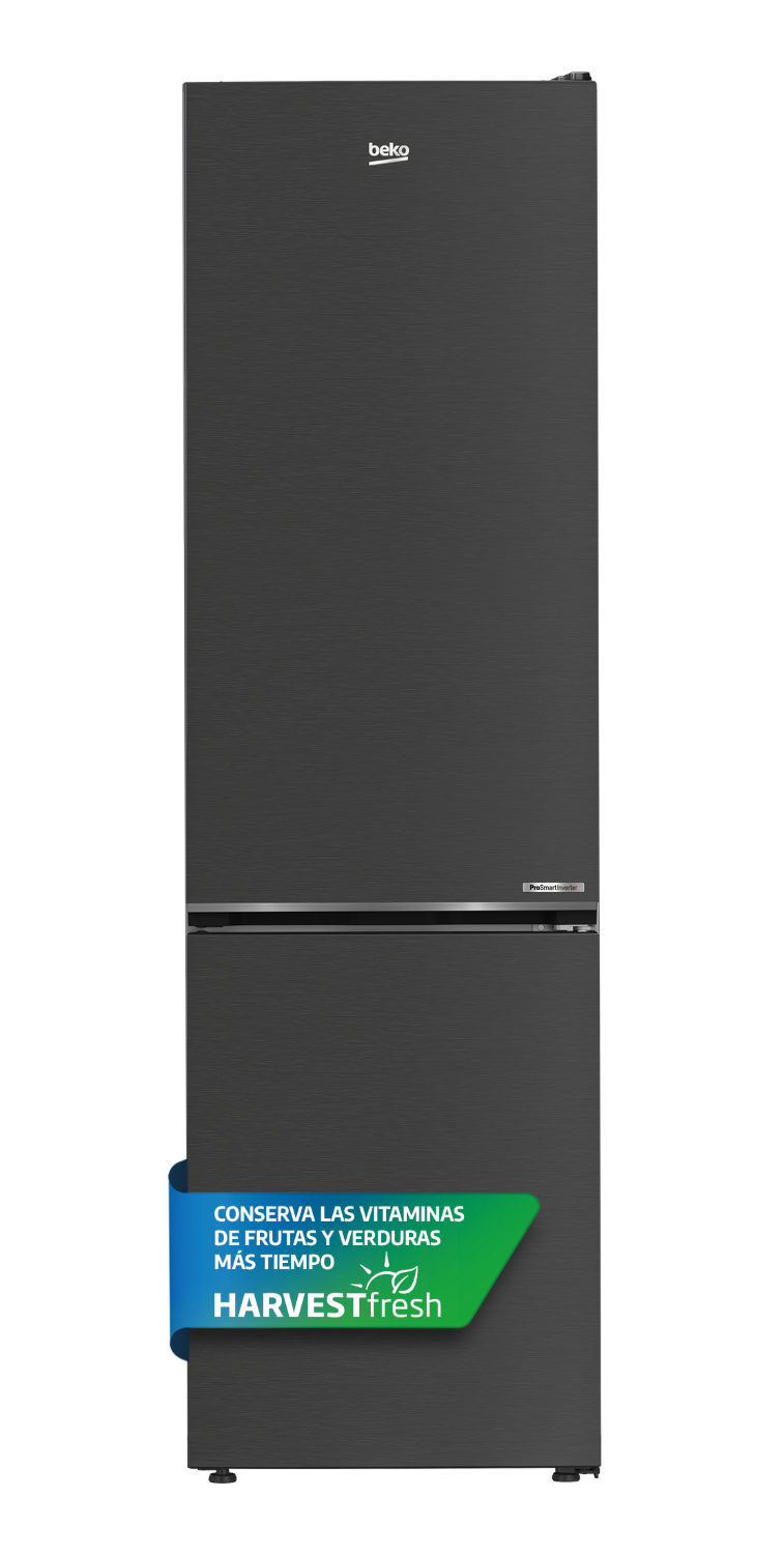 Refrigerador Beko gris oscuro con etiqueta de función HarvestFresh.