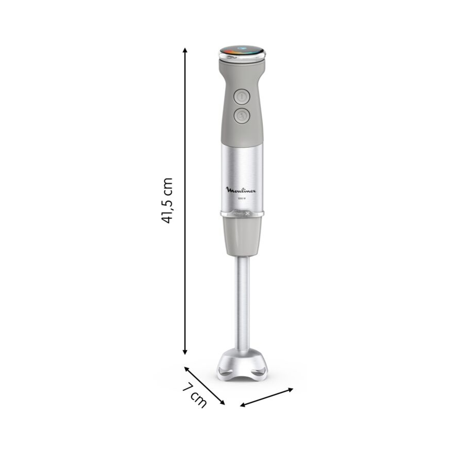 Un frullatore a immersione grigio e argento di 41,5 cm di altezza e 7 cm di larghezza.