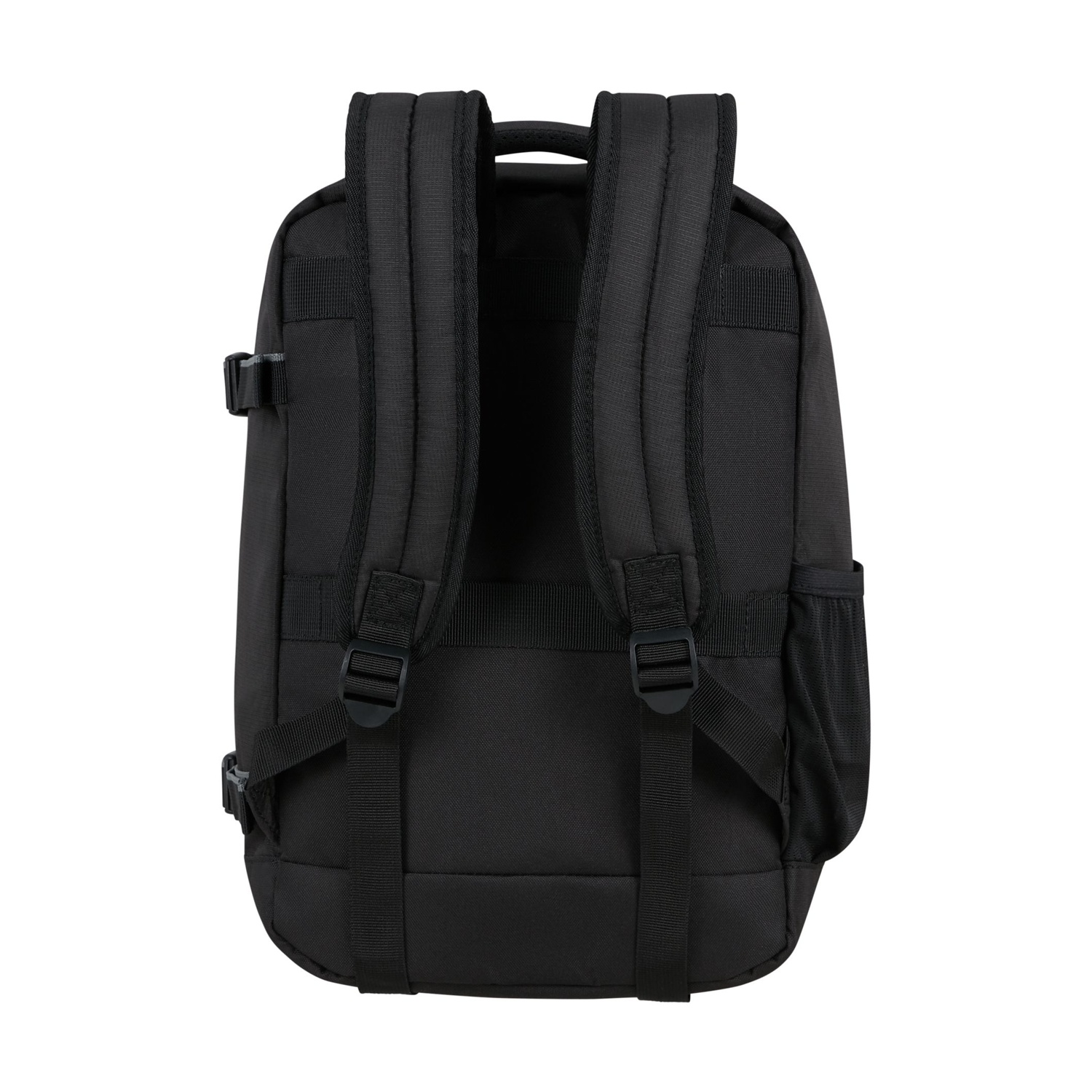 Zaino nero con spallacci imbottiti e tasche laterali.