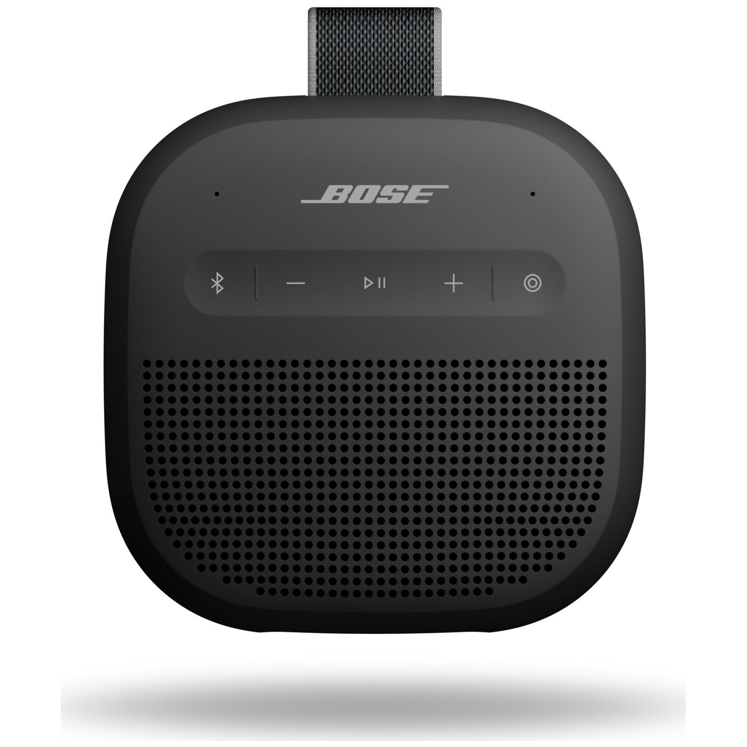 Zwarte Bose Bluetooth speaker met band en bedieningsknoppen.