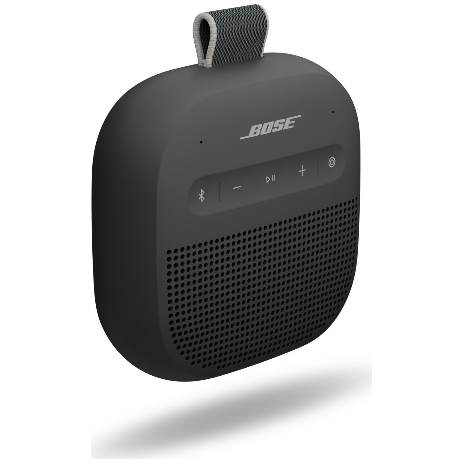 Zwarte Bose speaker met draagband en bedieningsknoppen.