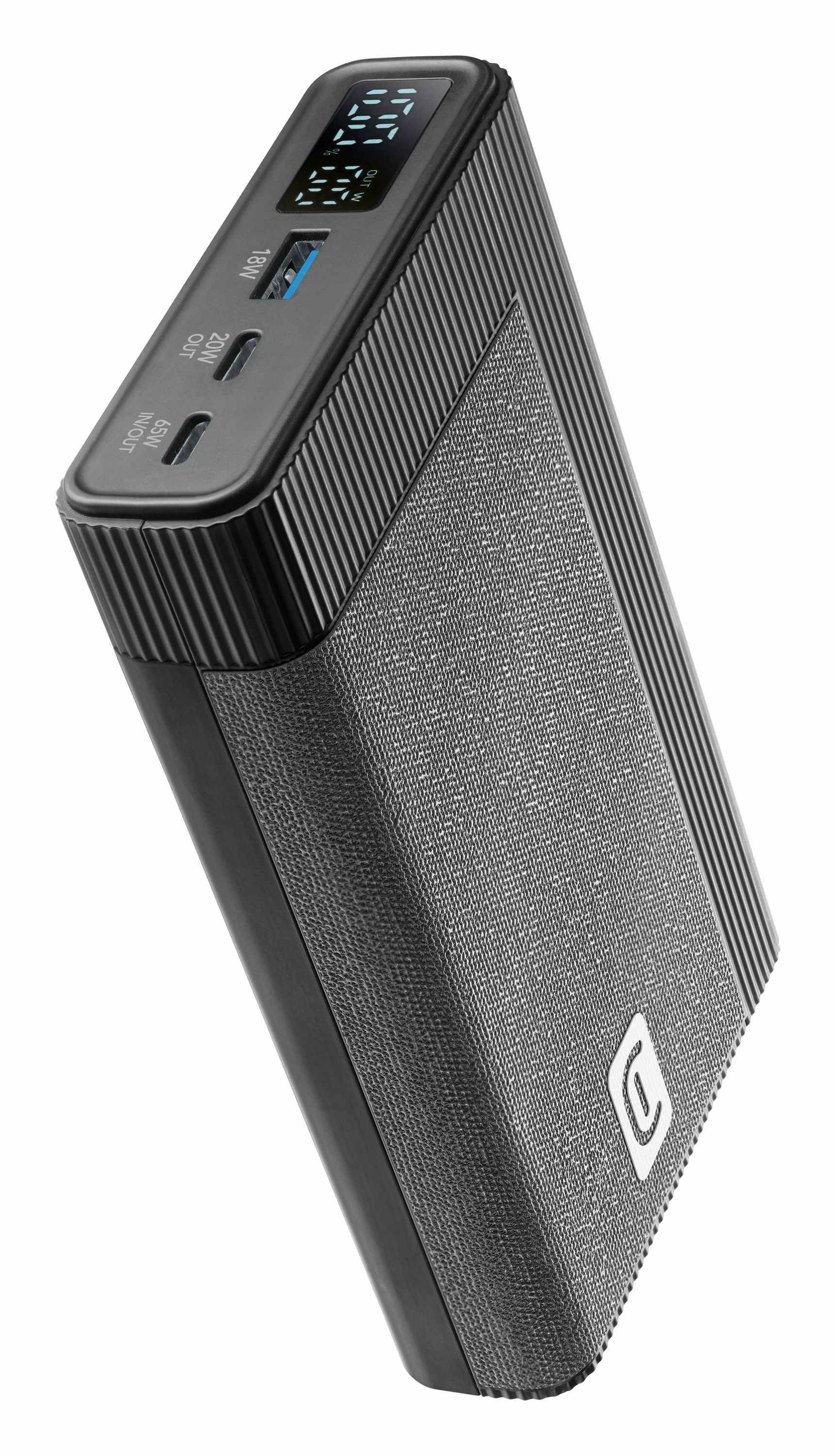 Batería externa negra con pantalla digital y puertos USB.