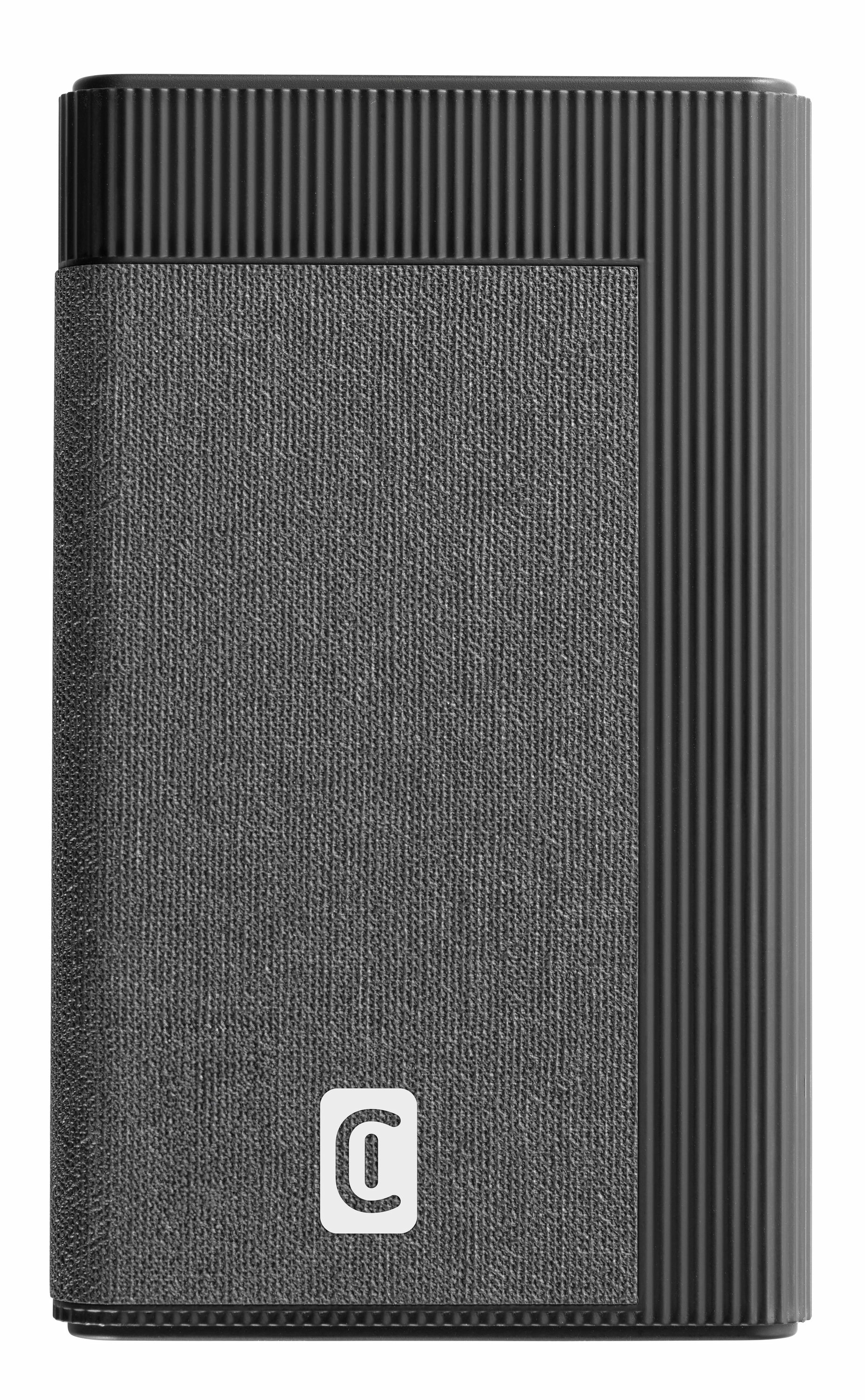 Dispositivo rectangular negro con acabado acanalado y texturizado, y un logo blanco.
