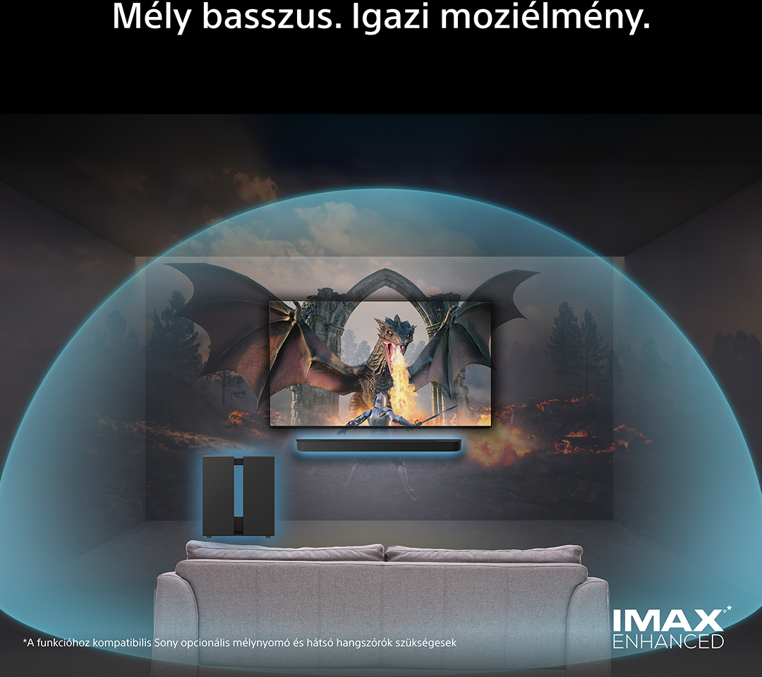 Egy kanapé egy TV előtt, mely sárkányt mutat. Hanghullámok láthatók.