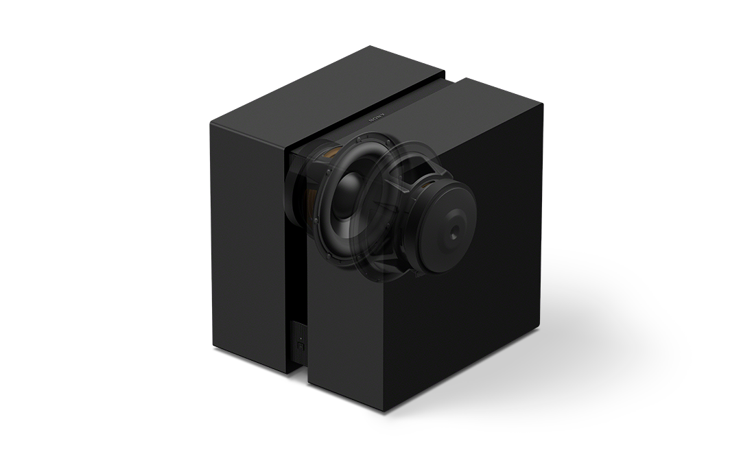 Fekete mélynyomó láda látható hangszóróval és Sony logóval.