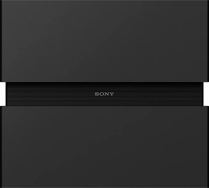 Fekete készülék vízszintes hornyokkal és Sony logóval.