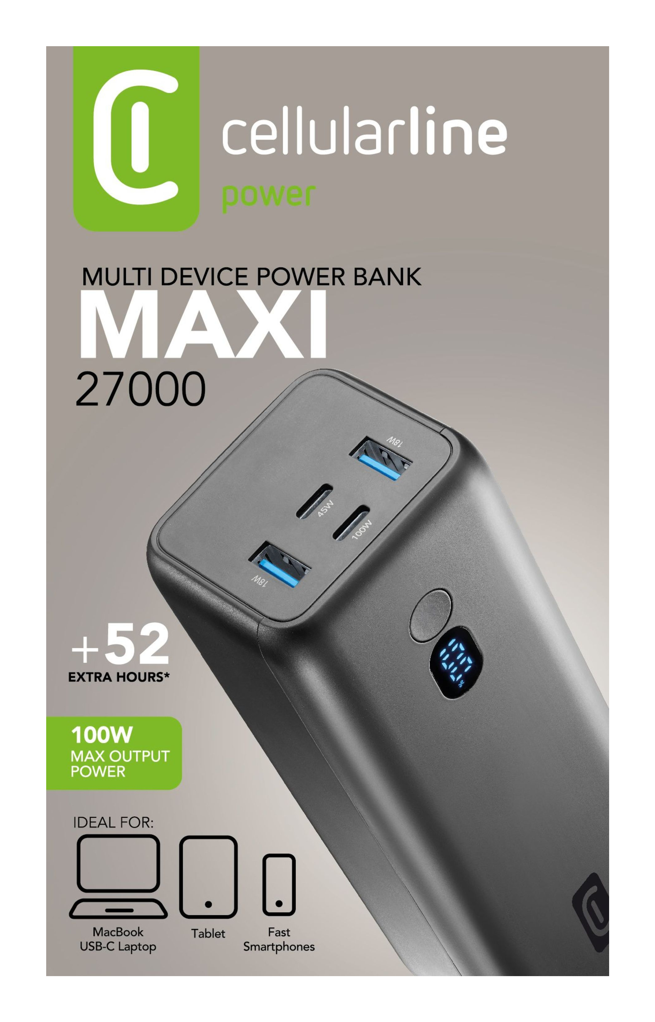 Embalaje powerbank CellularLine Powerbank Maxi 27000 mAh, +52h de carga, puerto de 100 W salida, ideal para portátil, tablet y smartphone.